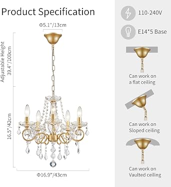 WUZUPS Crystal Candle Chandelier Pendant Flushmount Ceiling Light Modern Lighting Fixture for Bedroom Hallway Bar Kitchen Bathroom, H42 W43, Gold, E14 Base [Energy Class A+++]