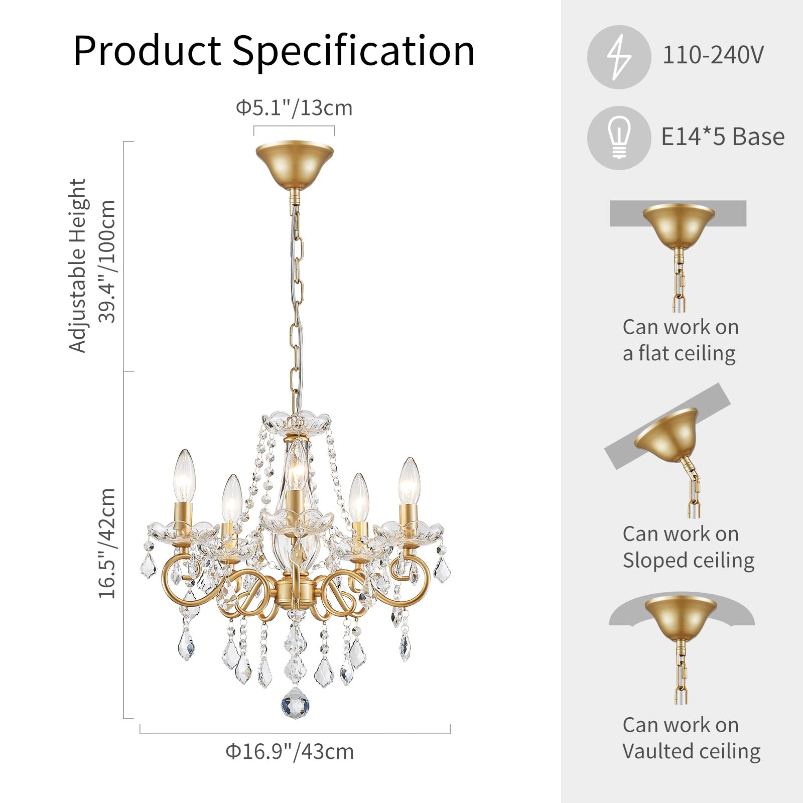 WUZUPS Chandelier Cristal Plafonnier Pendentif Flushmount Luminaire Moderne pour Chambre à Couloir Bar Cuisine Salle de Bain, H42 W43, Gold, Base E14