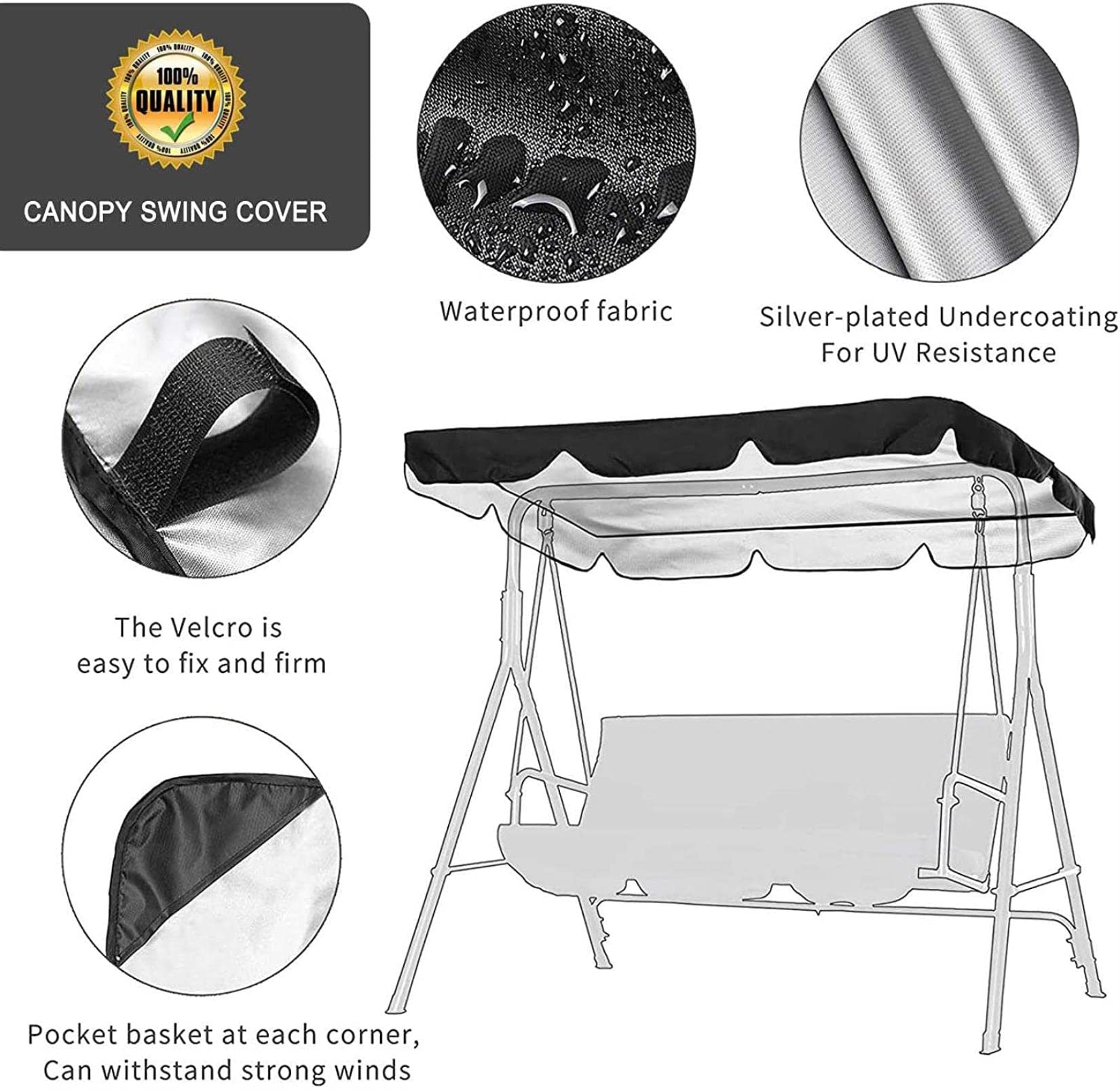 Auvent de rechange imperméable pour balancelle 3 places en tissu Oxford 210D résistant aux UV pour balancelle de jardin, terrasse, toit de balançoire, facile à installer
