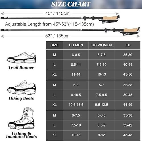Miniatura 7 de Odoland Tacos de hielo de tracción con bastones de senderismo y polainas de piernas crampones de acero inoxidable para zapatos de nieve y botas