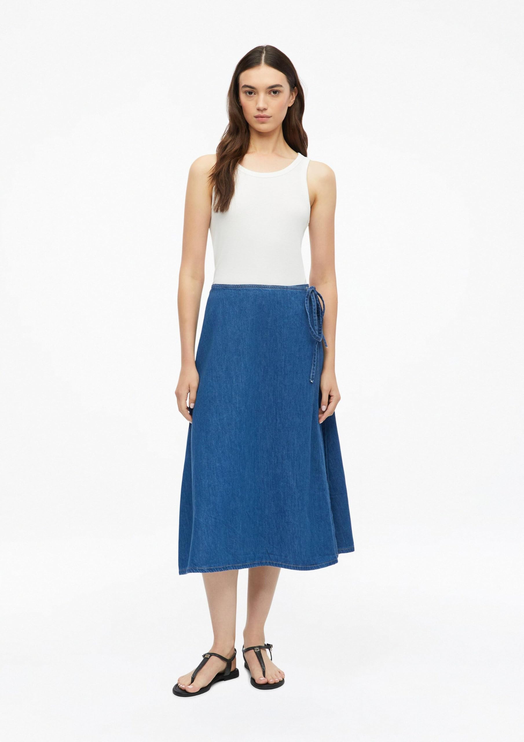 s.Oliver Damen Rock – Regular Fit, Denim, High Rise, Midi-Länge mit Bindeband und Gürtelschlaufen – Für Urlaub