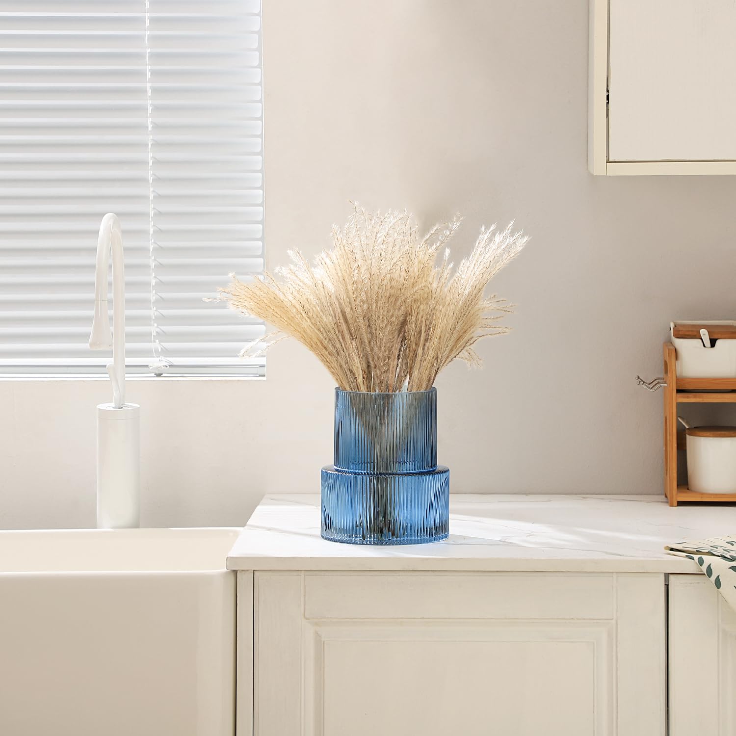 KAYLETIN Blue Glass Vase, Ribbed Vases for Flowers Flower Vase for Tulips Modern Vases for Living Room Dining Table, Entryway - Image 3