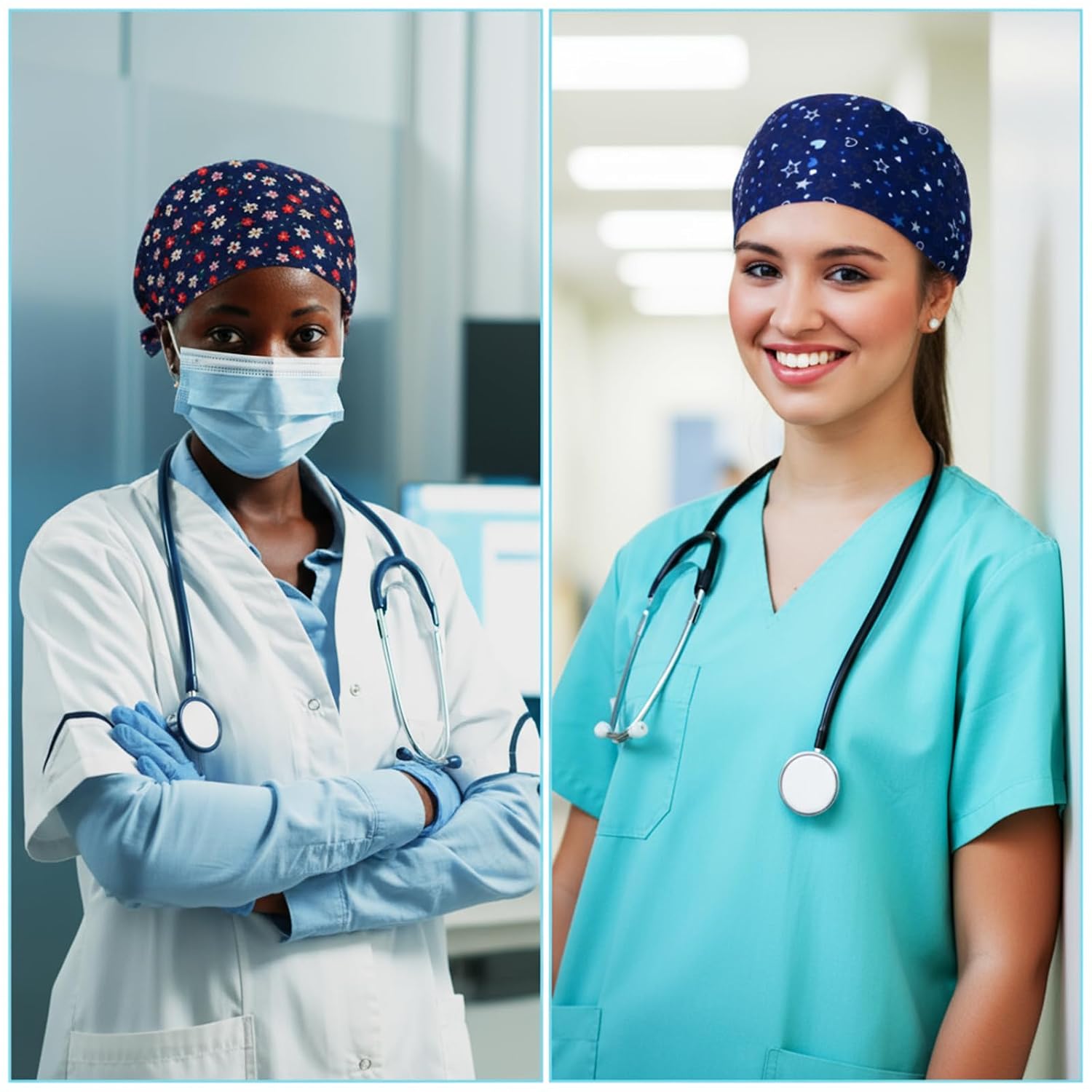 Gjinxi 2 Pack Surgical Scrub Caps for Women Cotton Dental Maternity Headwear with Satin Lining Professional Nurse Hat with Button Sweatband Blue Healthcare Scrub Caps