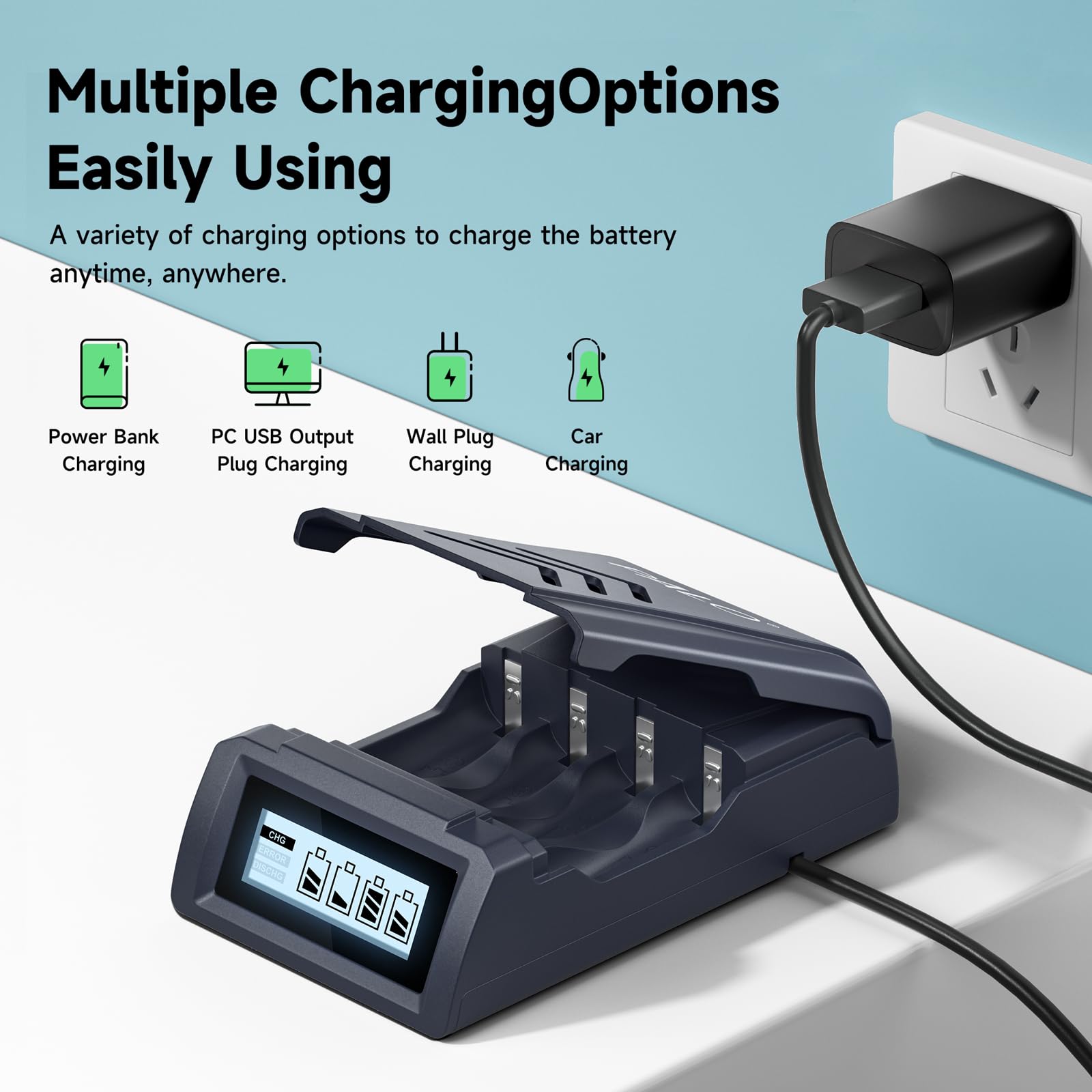 Mspalocell Batterie C ricaricate con caricabatterie, 4 pezzi 4000MAH 1200 cicli Batteria C, Caricatore della batteria da 12 V/2A per batteria AA/AA/C/D da 1,2 V (NI-MH/NI-CD