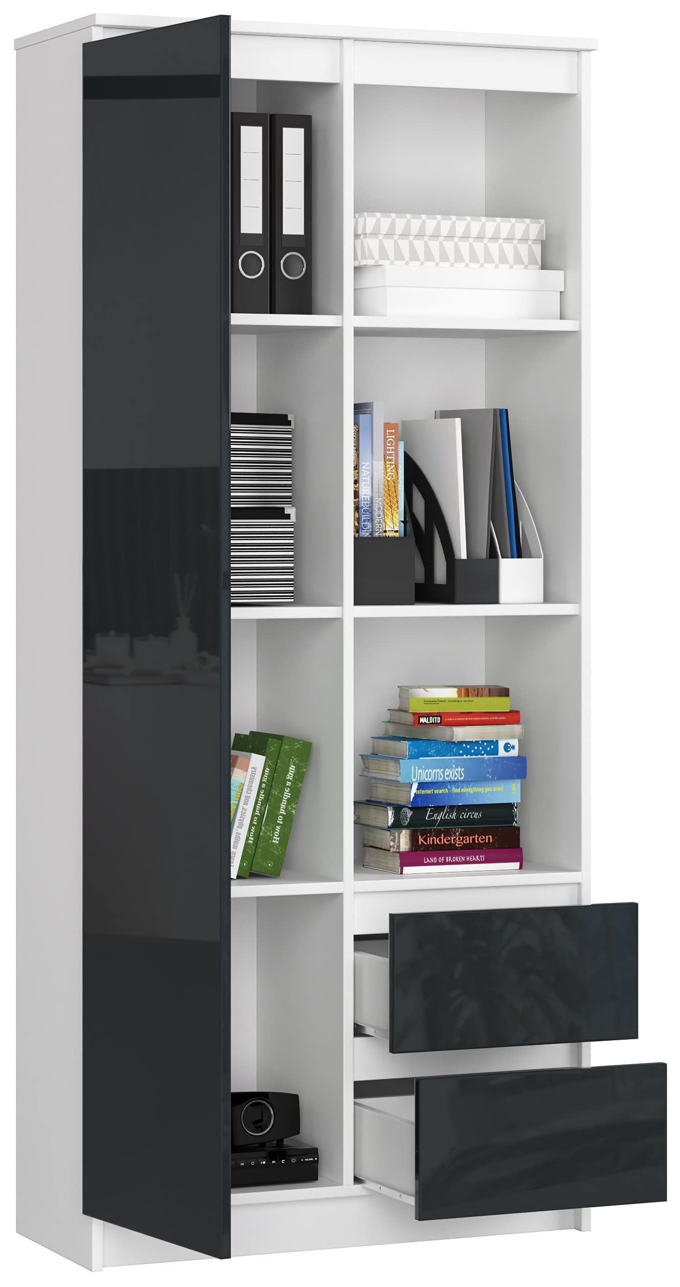 AKORD Armoire Bibliothèque De Bureau Rangement CLP | 80 Cm 8 étagères Et 2 Portes Meuble Pour Salon, Chambre Minimaliste | Panneau Stratifié 16mm | Grand | Couleur Blanc