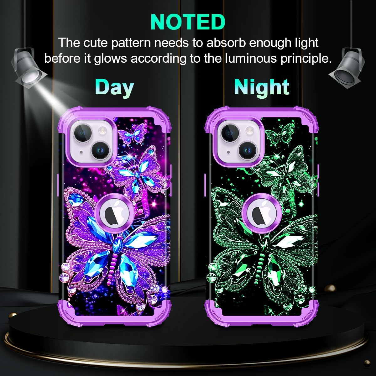 Miqala Compatible with iPhone 14 Plus Case,Glow in The Dark Three Layer Heavy Duty Shockproof Hard Plastic Bumper+Soft Silicone Protective Case for Apple iPhone 14 Plus,Dark Butterfly