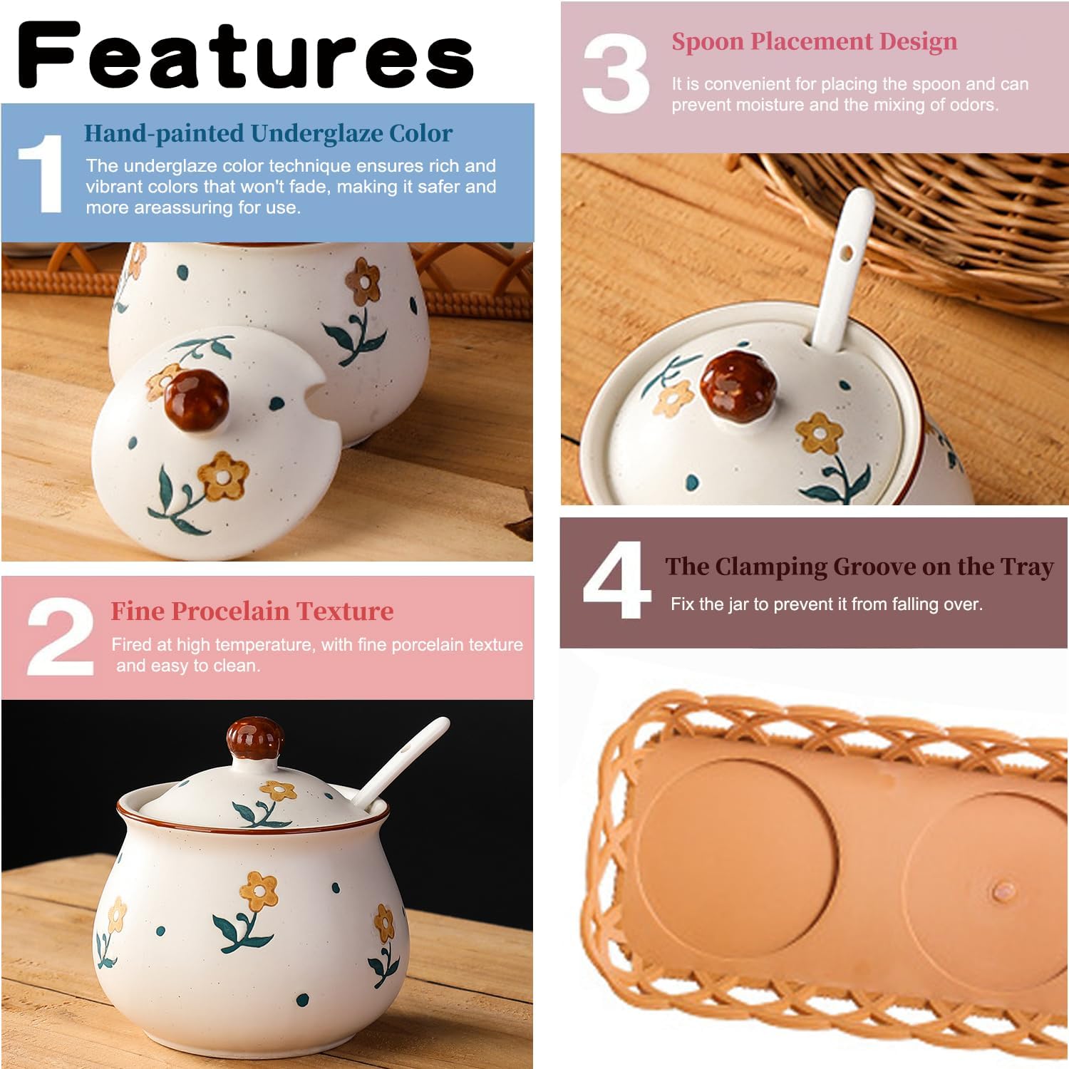 Kitchen Ceramic Condiment Jars with Lids and Spoons, 3 Piece Porcelain Seasoning Jar Set for Salt Spice Pepper Suger Bowl, Coffee Tea Container Pot with Serving Tray - A Yellow Flower