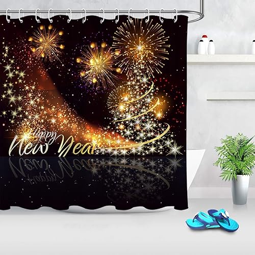 LB Cortinas de ducha de Año Nuevo para baño, juego de cortinas de ducha brillantes con ganchos, 72 x 78 pulgadas, tela de poliéster extra larga
