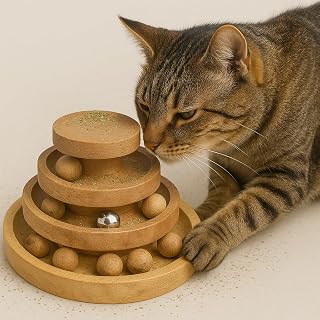 Interactive Wooden Cat Toy – Three-Tier Track Ball Tower with 9 Spinning Balls & Bell | Assembled, Play for Indoor Cats Mental Physical Exercise Natural Wood, Fun Cat Toys for Kittens 8 x 8 x 4 inches