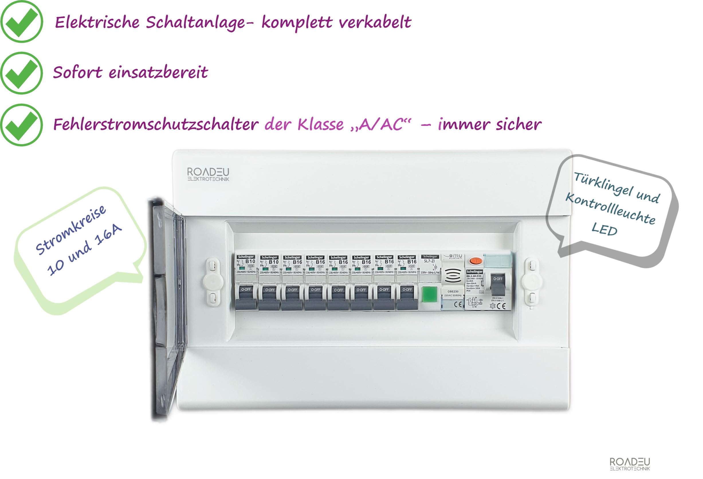 RoadEu - Cuadro eléctrico de la casa, totalmente cableado. Completo con interruptor diferencial 40A, fusible automático B16A, timbre y indicador LED. Para uso doméstico o en cobertizos o talleres
