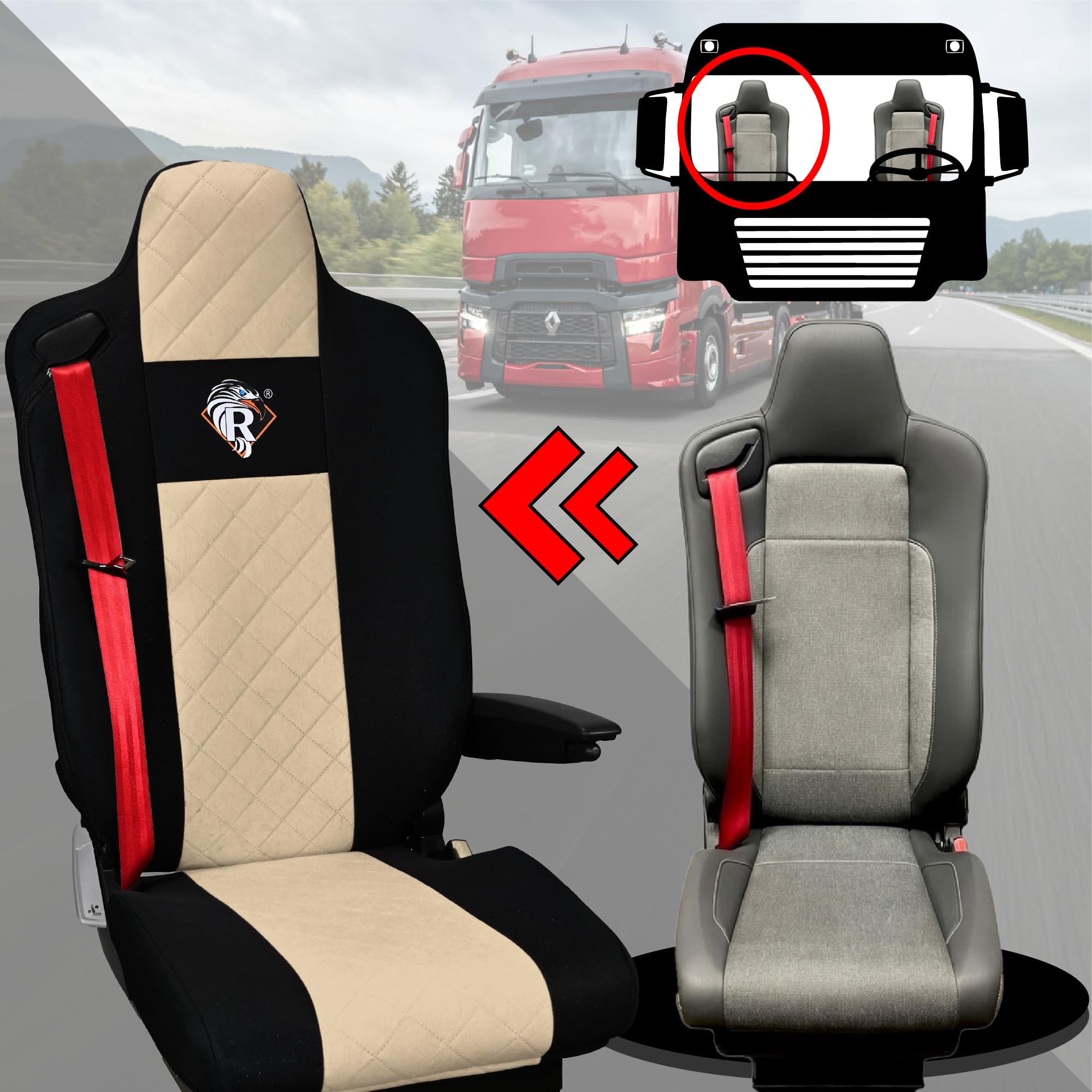 SABA Funda de Asiento para Renault Serie T Desde 2014, Asiento del Pasajero, 2 Cinturones de Seguridad Beige Accesorios de protección para Asientos de Camiones