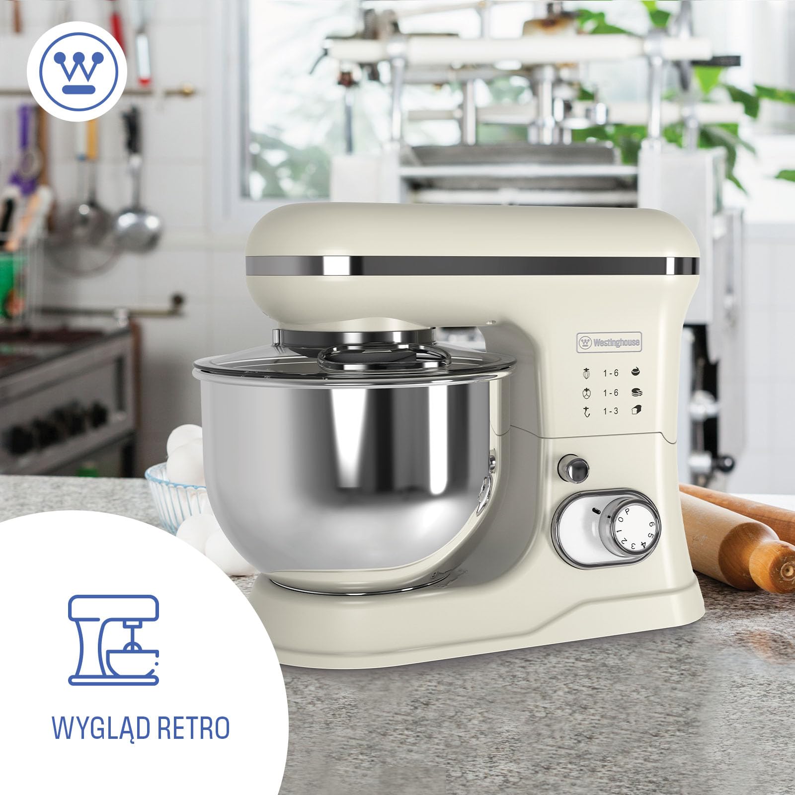 Westinghouse Retro Mikser stojący – 1200 W – Robot kuchenny 5 l Miska miksująca – Robot kuchenny – Mikser kuchenny – Robot kuchenny – Beżowy