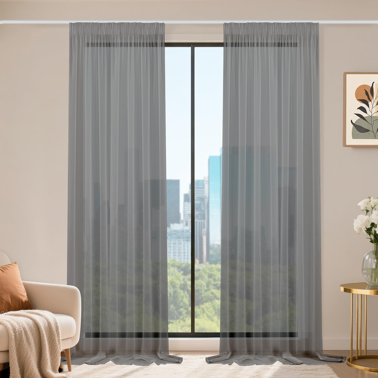Voilage transparent moderne gris foncé 140x260 cm pour éliminer les reflets du soleil