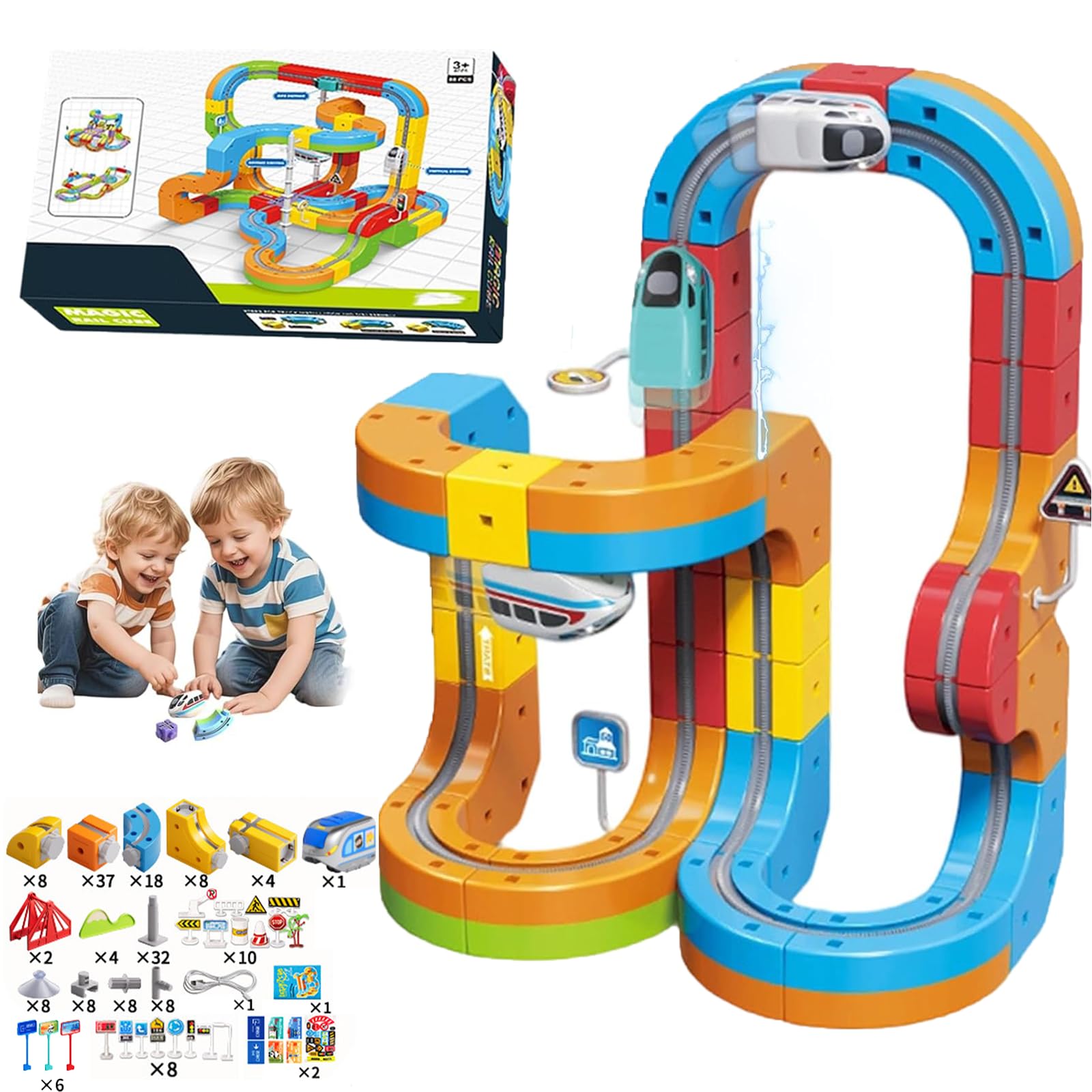 85 PCS Clickrail Electric Train Set Flexible Race Track, Magic Rail Cube Train Set, Flexible Race Car Magnetic Track Set, Gravity-Defying Building Toy Gifts for Kids (175 Pcs(1 Car))