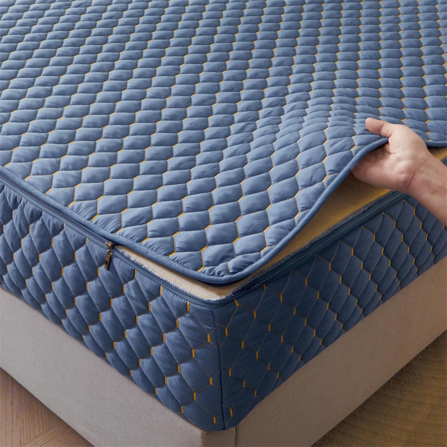 TYYUETY Full zip cover Breathable dustproof washable fitted sheet Customizable size Waterproof quilted mattress protector for single/double/king size beds-Blue- 150x190+10cm