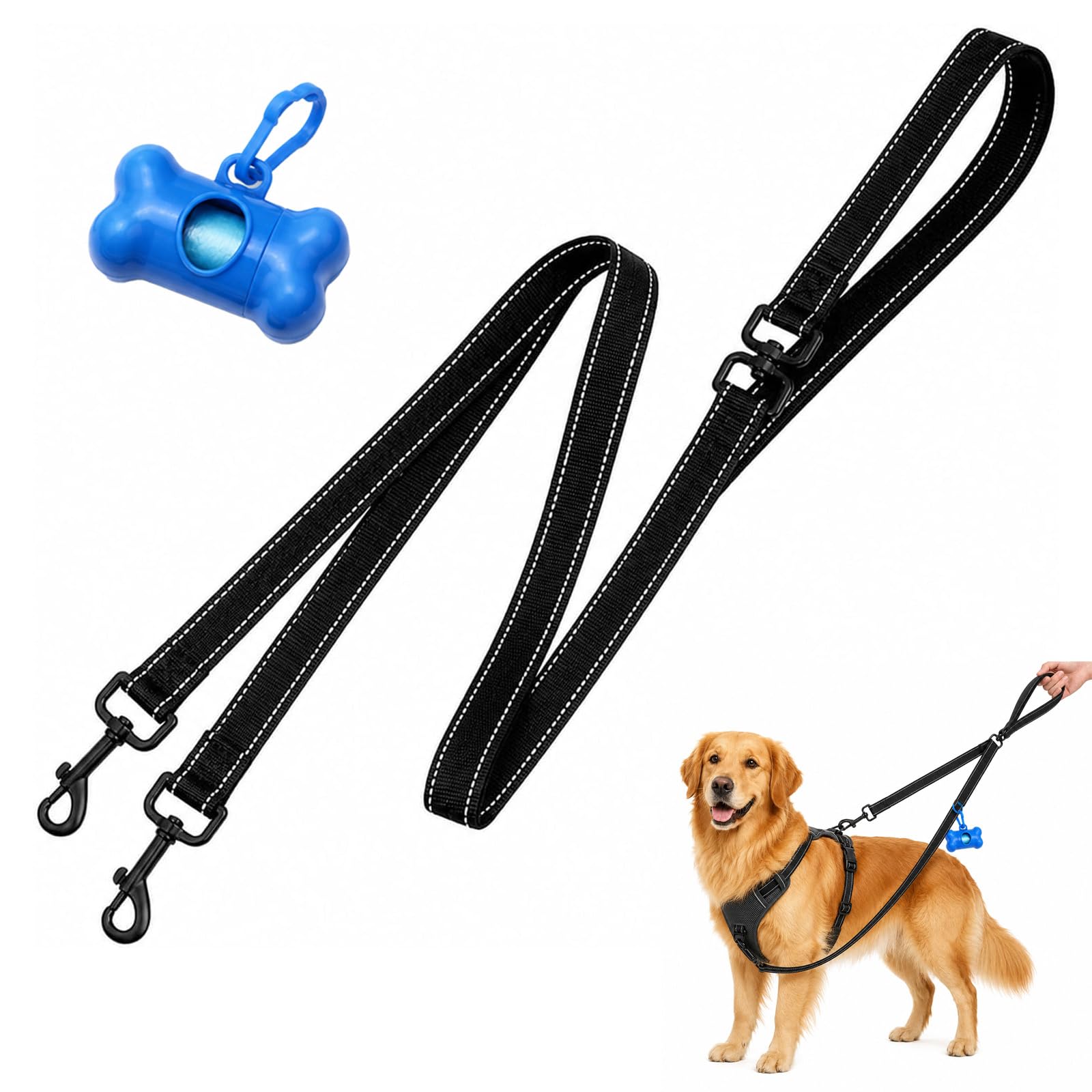 2Pcs Double Ended Dog Lead, Versatile for Walking & Training, with Poop Bag Dispenser