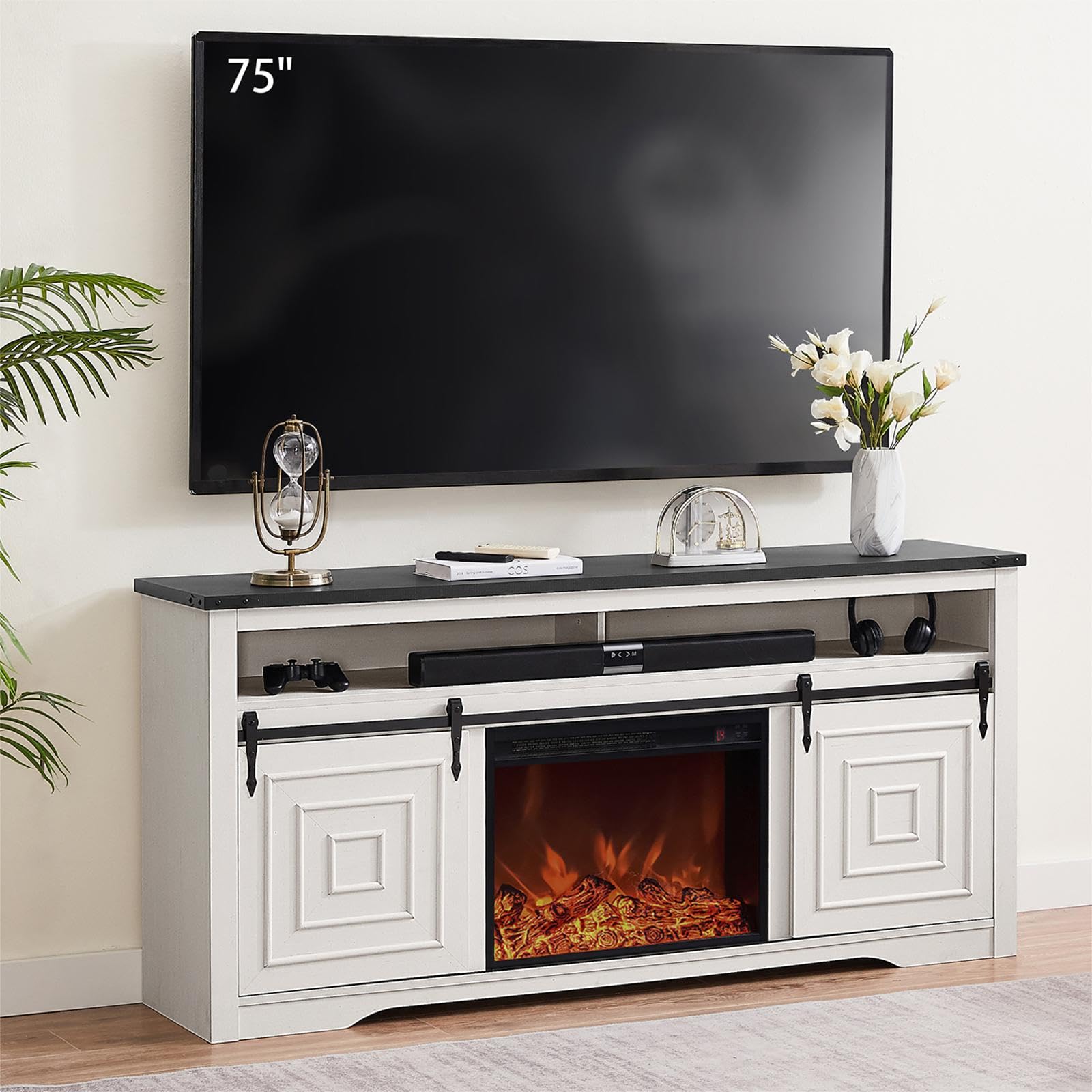 Okvnbjk TV Stand with Fireplace, TV Stands for Living Room with Fireplace for 75“ TV, TV Console with Fireplace and Storage, Fireplace Entertainment Centre has Sliding Barn Doors, Off White