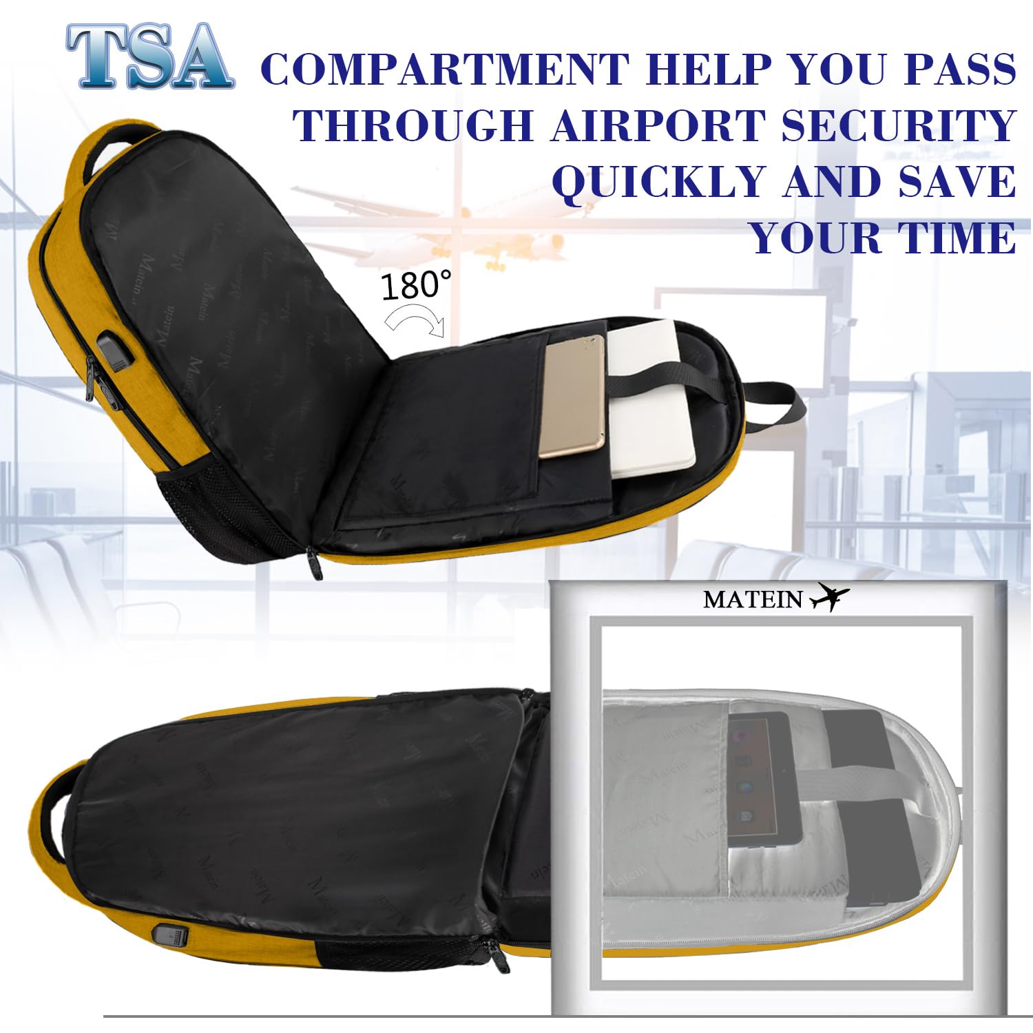 MATEIN College Backpack, Extra Large TSA Friendly Carry On 17.3 Inch Laptop Backpack with USB Charging Port, Anti Theft Flight Approved Business Work Travel Computer Backpack Bagfor Women Men, Yellow