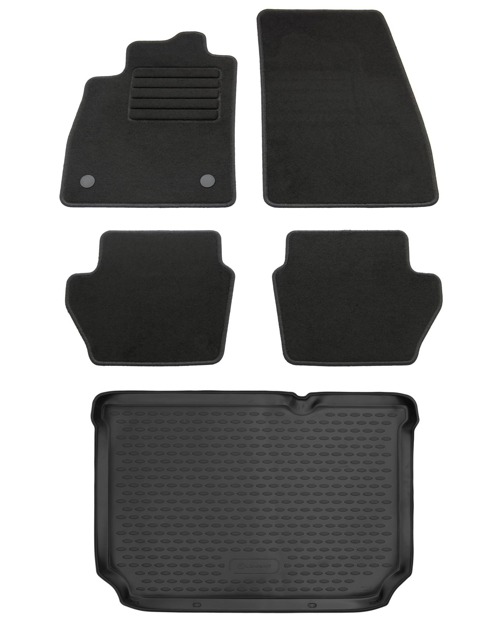 Kofferraumwanne + Fußmatten Set passend für Ford Fiesta MK8 Bj 07/2017- | Textil-Fußmatten, Gummi-Kofferraumwanne, passgenau, rutschfest, strapazierfähig, pflegeleicht