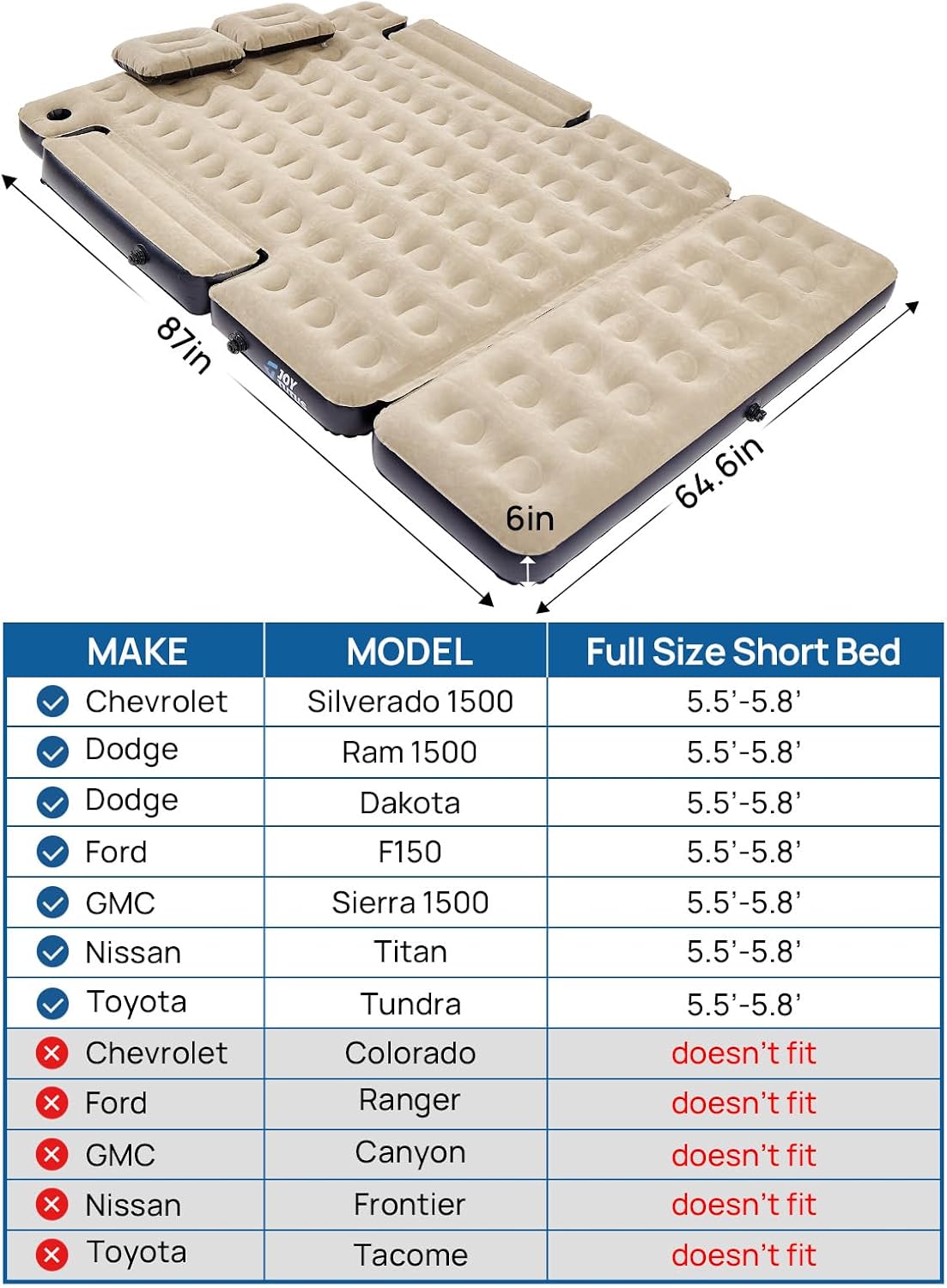 JOYTUTUS 5.5-5.8Ft Truck Bed Air Mattress with Removable Tailgate Extension,Thickened Inflatable Full Size Short Truck Beds, with Air Pump&2 Pillows,Camel&Black