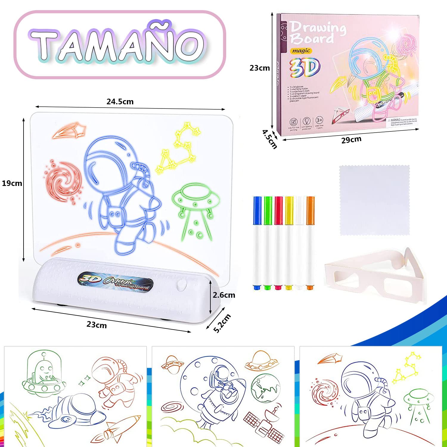 Tablero De Dibujo LED Luminoso De 24 Cm | Efecto Fluorescente 3D | Portátil Y Fácil De Limpiar | Para Dibujo, Escritura Y Caligrafía
