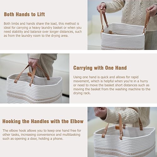 Miniatura 8 de danpinera Cesta grande para ropa sucia  Cesta de almacenamiento de algodón tejido de 75 litros de altura con asas de cuero, cesta de almacenamiento
