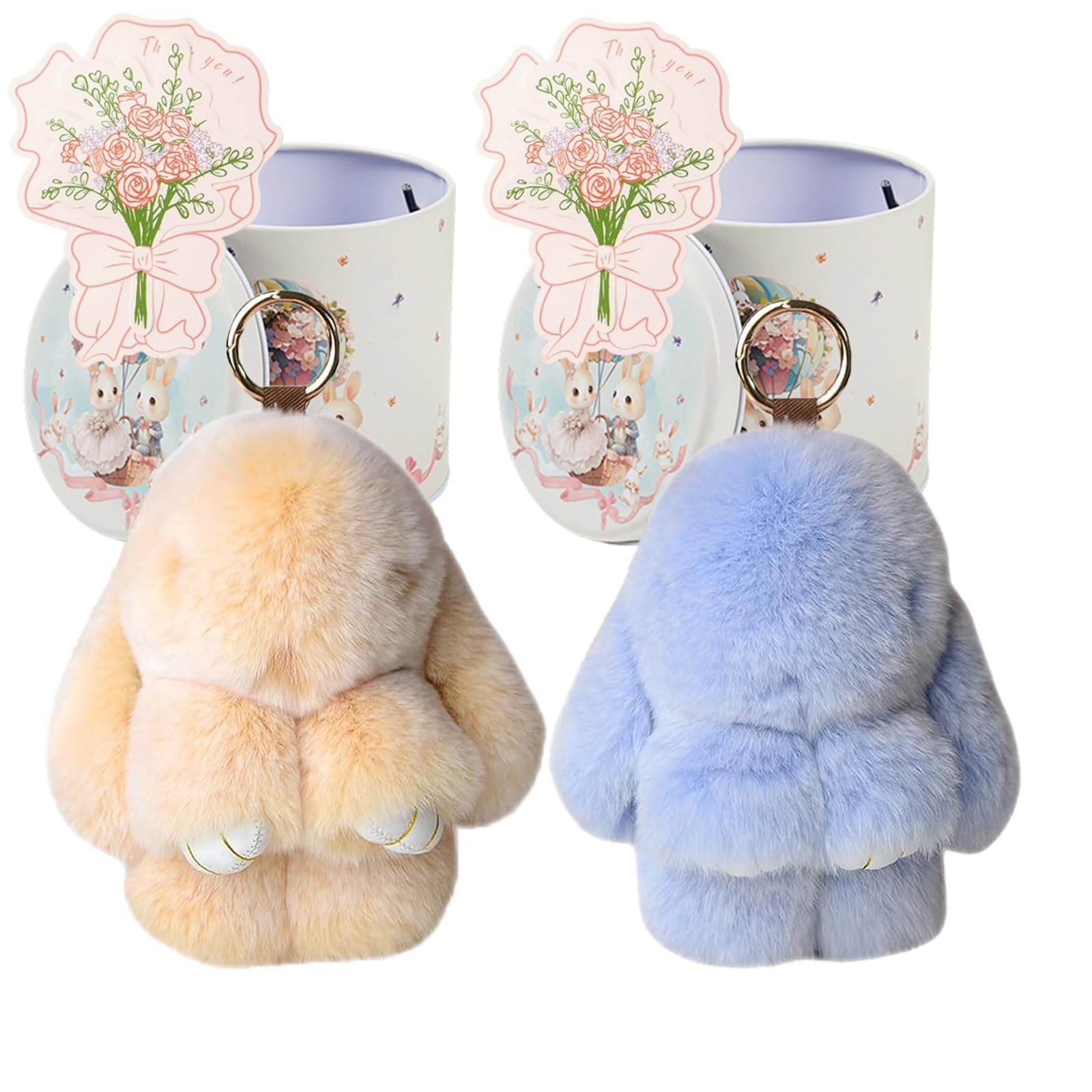 Yagerod Bunny Keychain with Tin Box, 2Pack Soft Plush Rabbit Key Ring, Cute Pompom Charm for Backpack, Handbag Ornaments (Style15)