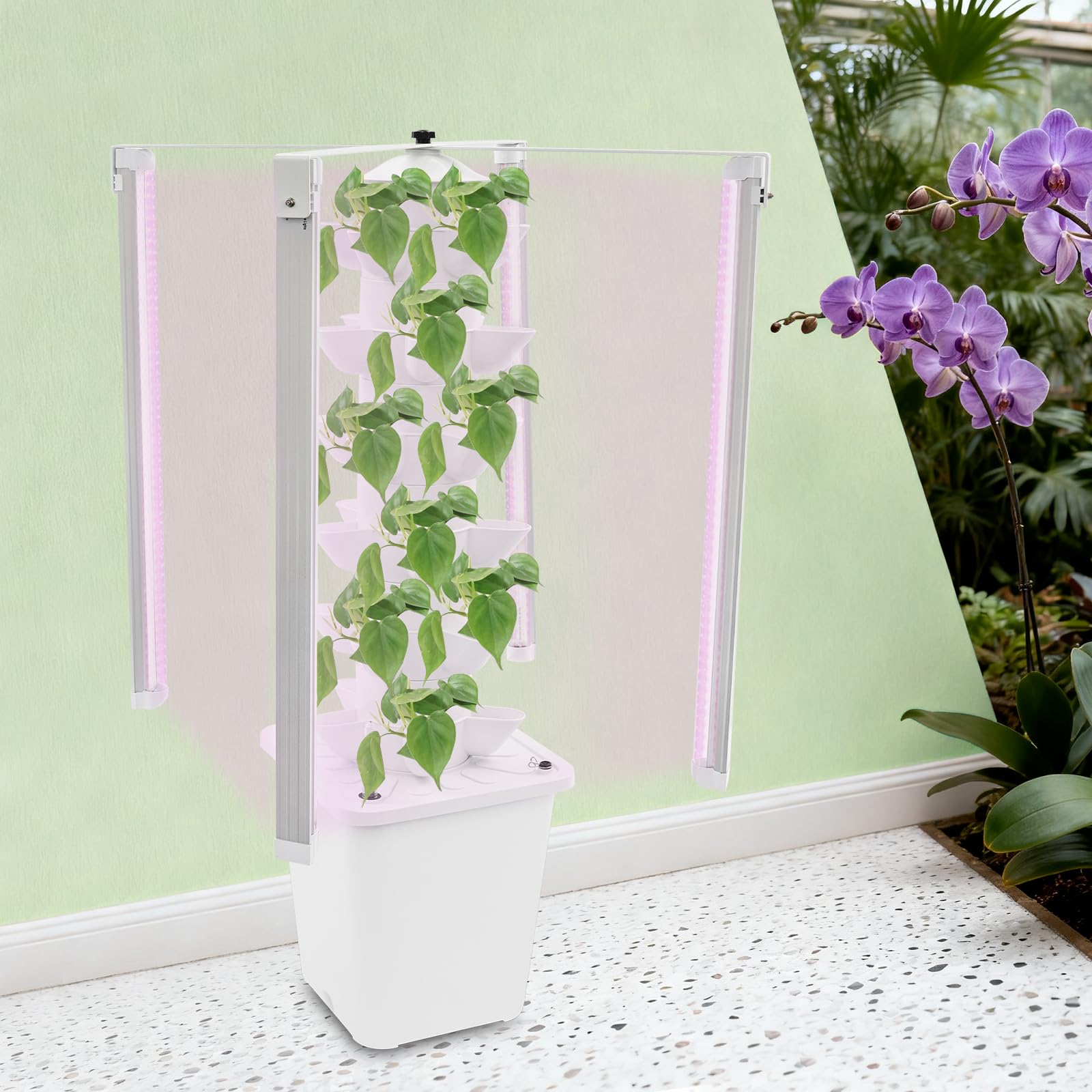 Tour de culture hydroponique verticale avec 6 étages, 30 trous de plantation, 4 lumières LED de croissance avec minuterie, irrigation automatique, réservoir d'eau de 10 l, hauteur 85 cm