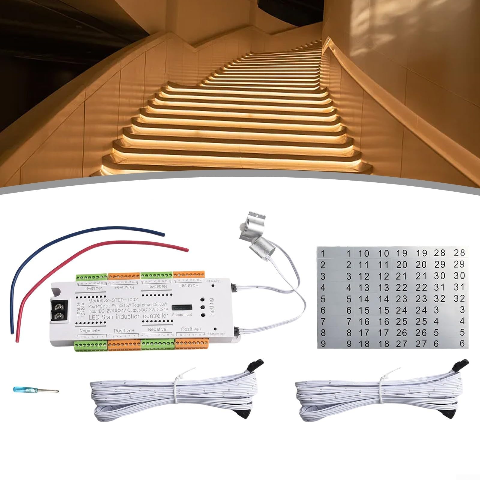 Sensore di movimento a 32 canali, regolatore di luce per scale, DC12V-24V, sistema automatico di illuminazione a LED con 2 sensori PIR, per casa, corridoio, scala fino a 32 gradini (set di