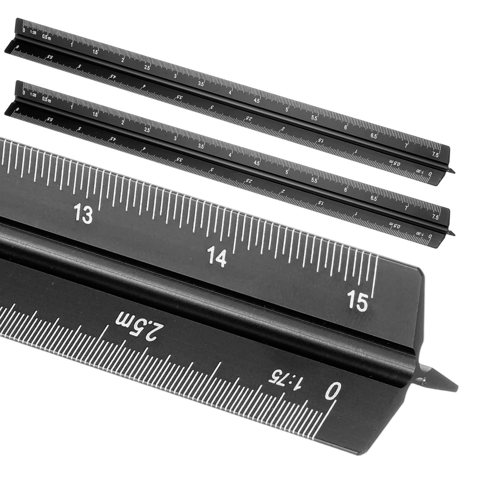 sourcing map 2 Pcs Architectural Scale Ruler, 12 Inch Metric Aluminum Alloy Architect Triangular Small Scale Laser-Etched Blueprint Drafting Ruler for Architects Engineers, Black