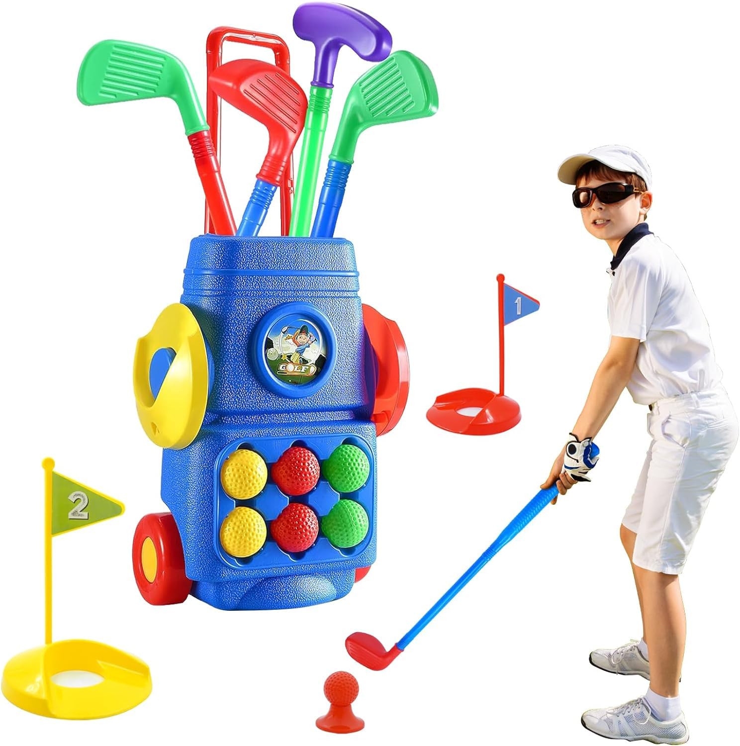 OneAndesKids Golf Club Set Golf Cart with Wheels, 4 Colorful Golf Sticks, 6 Balls & 2 Practice Holes Fun Young Golfer Sports Toy Kit for Boys &Girls Promotes Physical & Mental Development