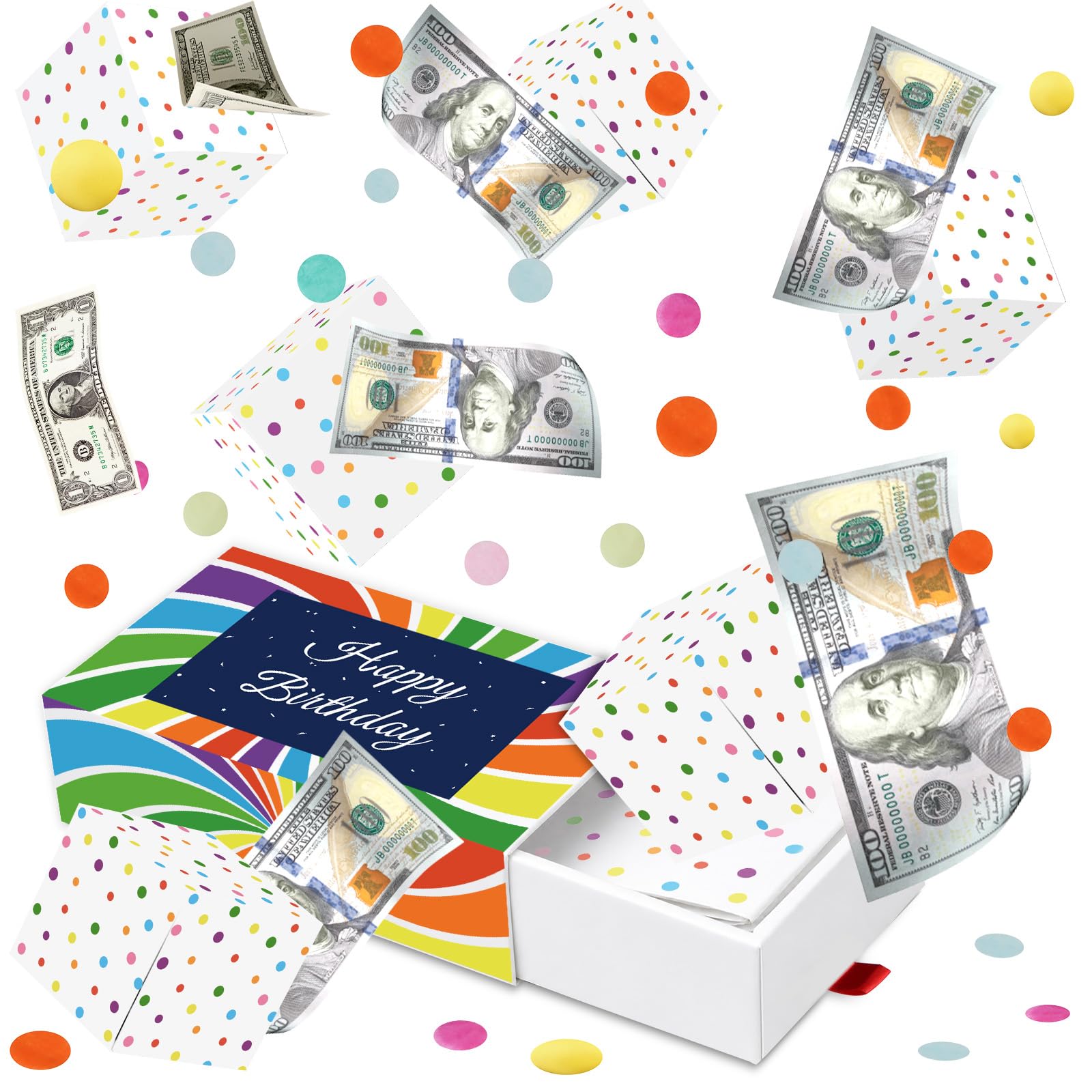 Giftota Surprise Money Pop Up Explosion Happy Birthday Gift Box, Birthday Money Box Cash Gift Pull - Colorful Ribbons