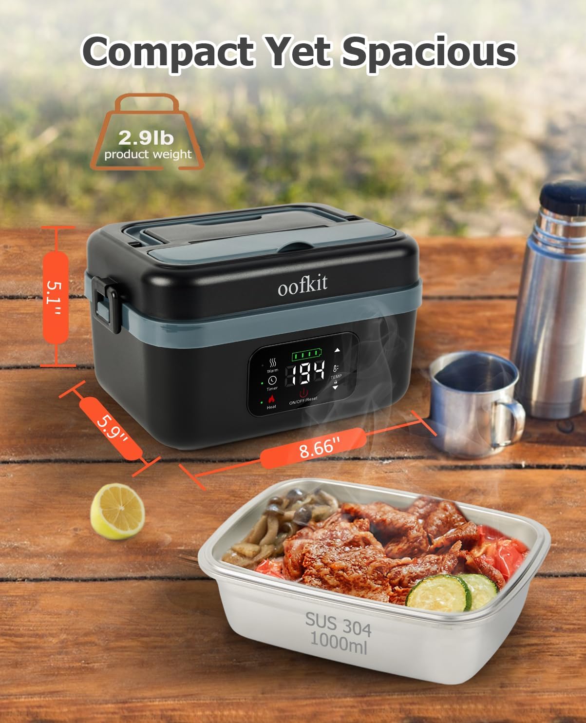 Electric Lunch Box For Adults(Men & Women),Heated Lunch Box Battery Powered With USB Charge port,Self Heating Coreless,Portable Food Warmer For meals on the go(1L Black) - Image 5