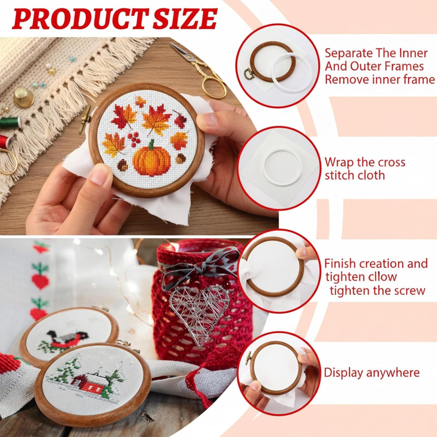 Fiwochic 30 Pcs 3 Inch Mini Embroidery Hoops Bulk Vintage Craft Sewing Round Imitated Wood Frame Display Circle Cross Stitch Ring for DIY Hanging Gifts Christmas Fall Farmhouse Ornaments Decoration