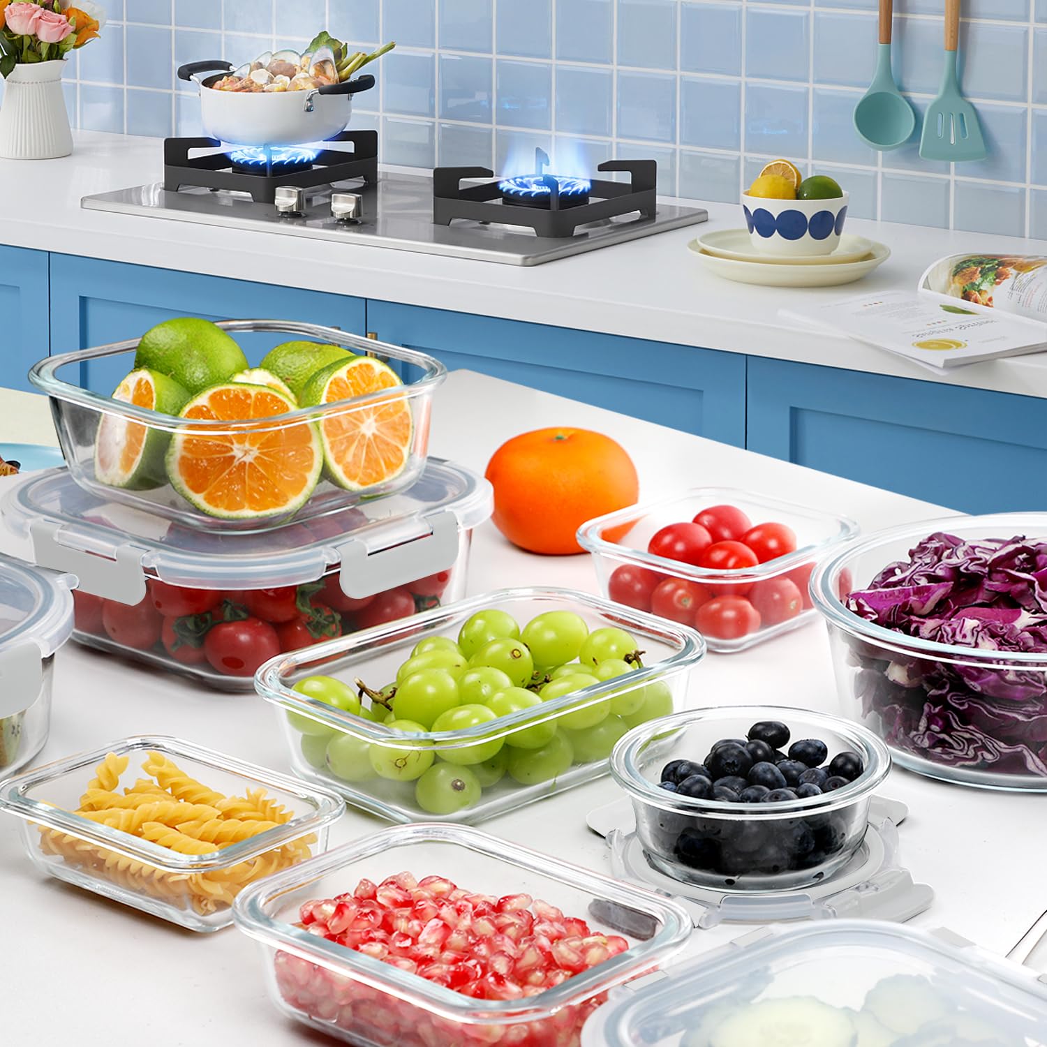VERONES 30-teiliges Glasbehälter-Set, stapelbare Frischhaltedosen mit Deckel, luftdichte Glas-Lunchbehälter für Mikrowelle, Backofen, Gefrierschrank und Spülmaschine, Weiß