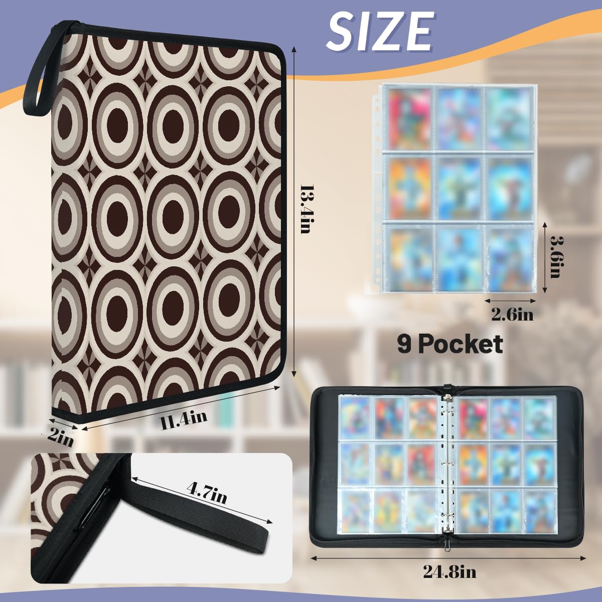 Raccoglitore per carte con 9 tasche, 900 tasche, con chiusura a cerniera (stampa circolare ad anello circolare marrone chiaro)