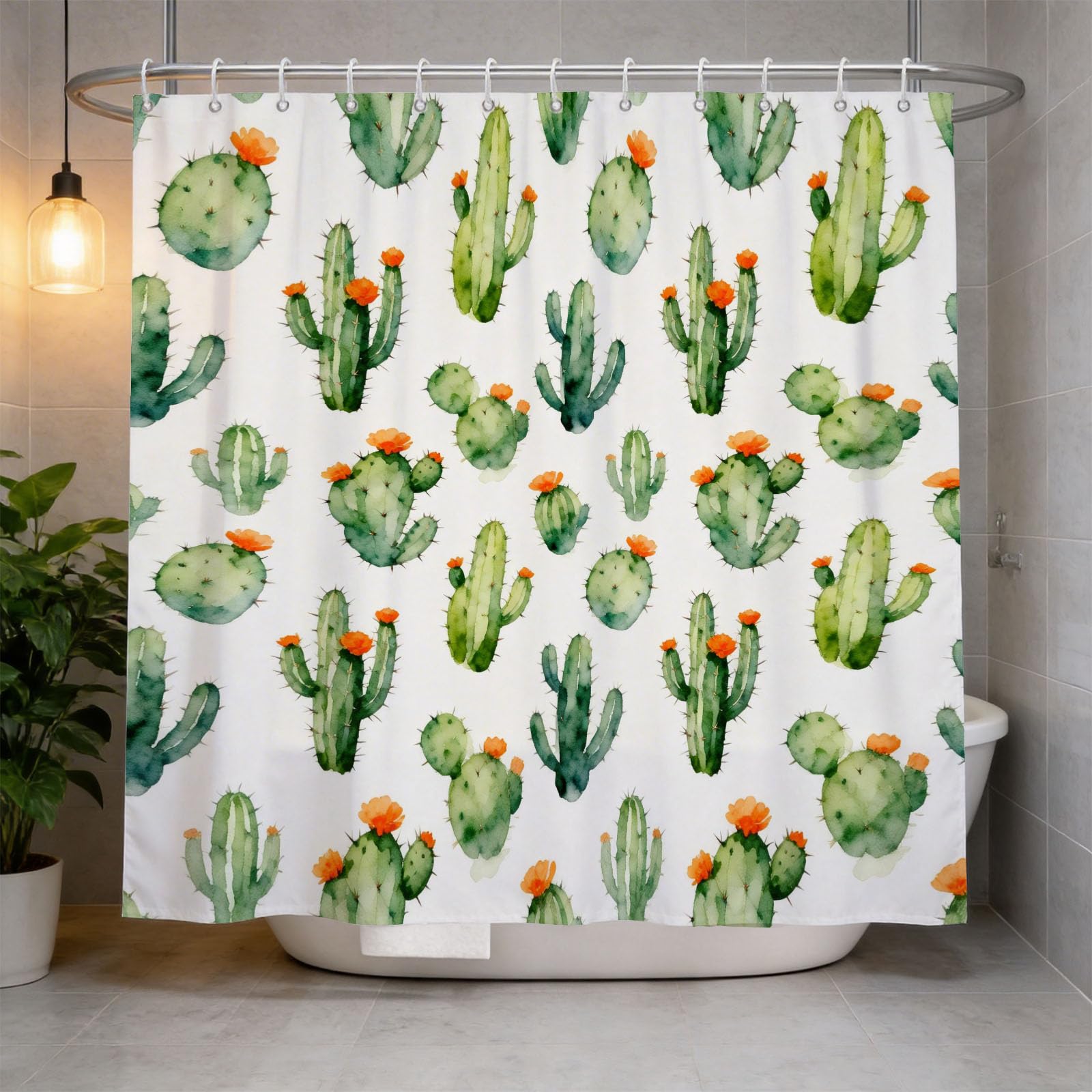 Hongduo White 3D Watercolor Cactus Shower Curtain For Stalls Bathtubs Desert Plants Bathroom Decor Shower Curtain Set Polyester Fabric Waterproof 180X180cm/71X71 Inch With Hooks