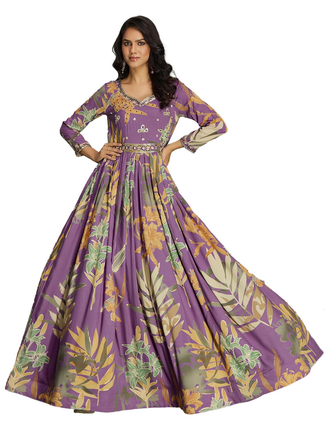 madhuram textiles Women's Rayon Print with Hand Embroidery Work Anarkali Long Gown(M-2543) - Review, Price and Buying Guide