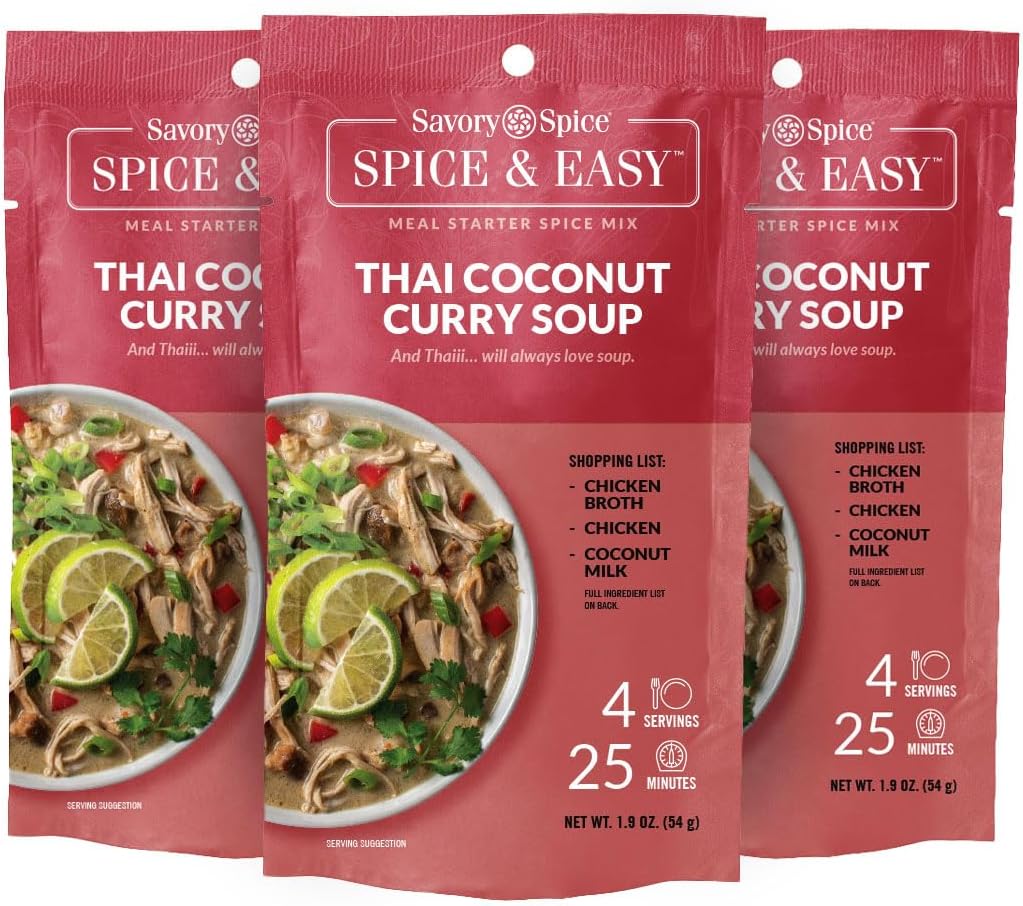Savory Spice Thai Coconut Curry Soup 3-Count Spice & Easy Meal Starter Spice Mix | Tom Kha Gai Soup Mix, Easy Tom Kha Gai Soup Base Kit (3-Count Pack)