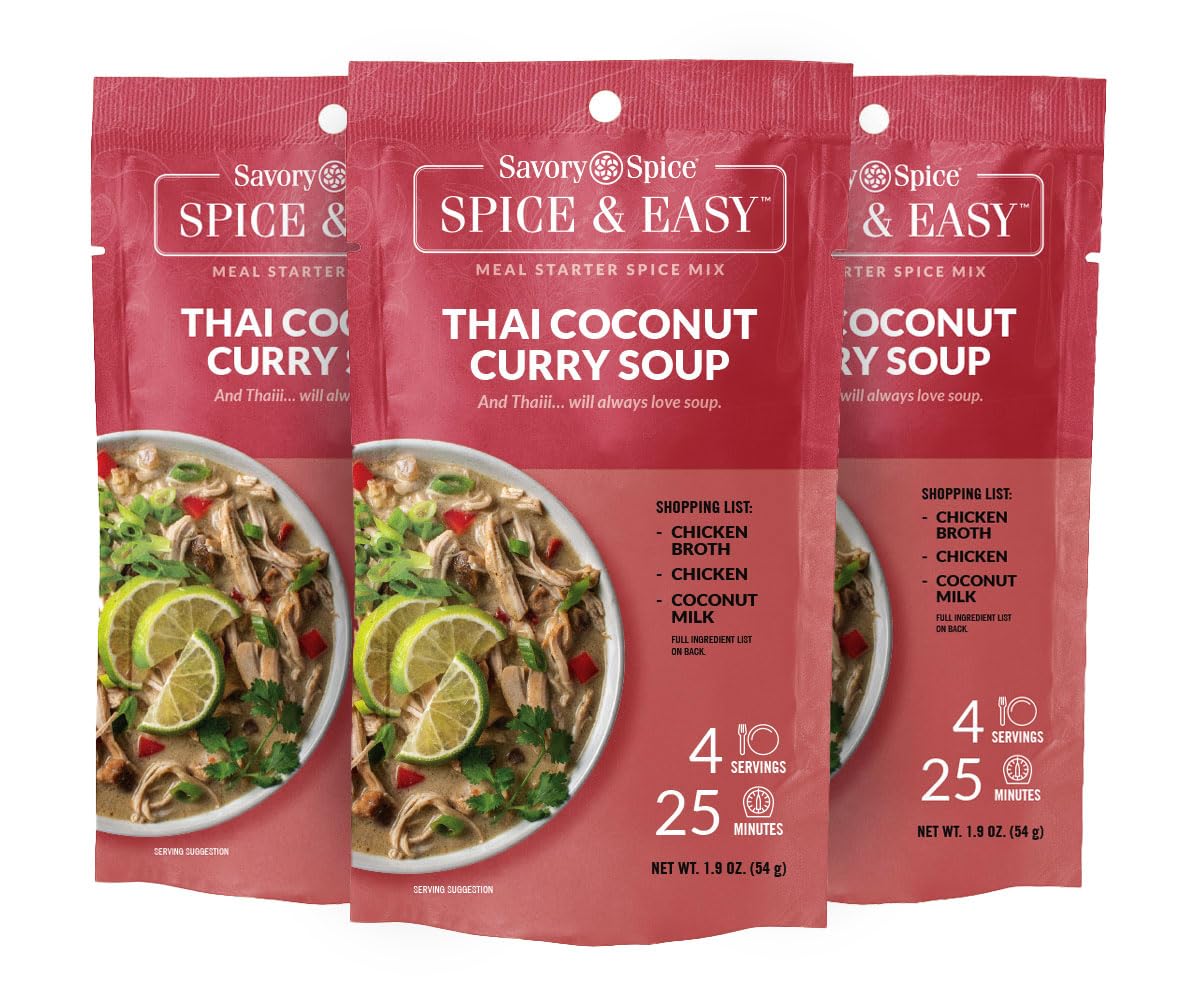 Savory Spice Thai Coconut Curry Soup 3-Count Spice & Easy Meal Starter Spice Mix | Tom Kha Gai Soup Mix, Easy Tom Kha Gai Soup Base Kit (3-Count Pack)