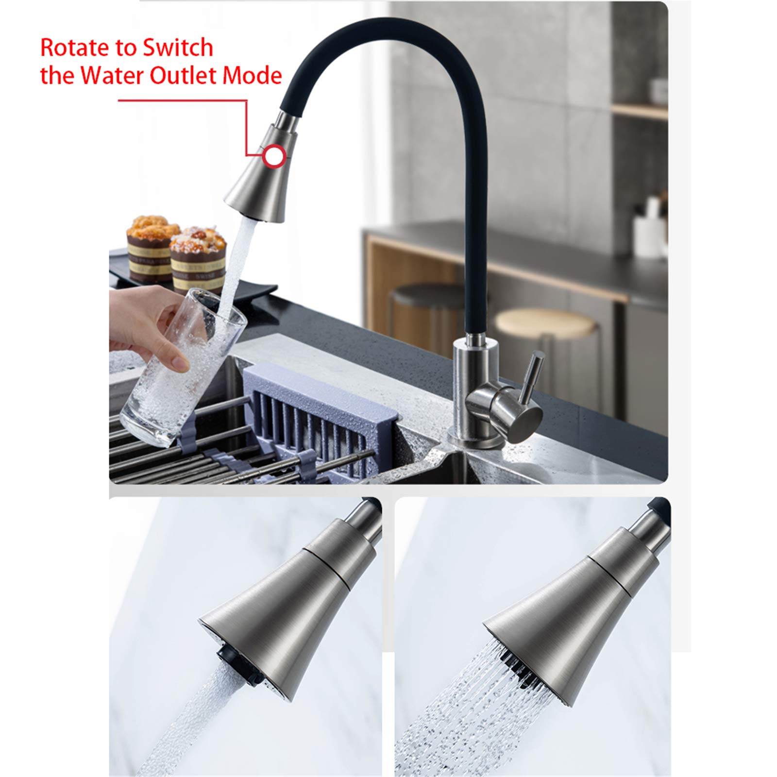 Grifo Cocina Abatible Giratorio 360°, Debajo de la Ventana Grifo de Fregadero Plegable con Dos Salidas de Agua, Acero Inoxidable 304 Mezclador Fregadero Agua Fría y Caliente para Cocina (rojo)