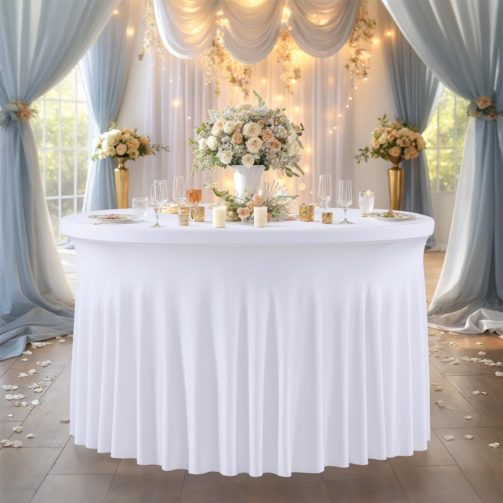 Heavyoff Table Skirts for 48 inch Round Table Spandex Table Covers Wrinkle Free Fitted Table Skirts Ruffle Elastic Desk Skirt for Wedding Birthday Party Dining Banquet, White