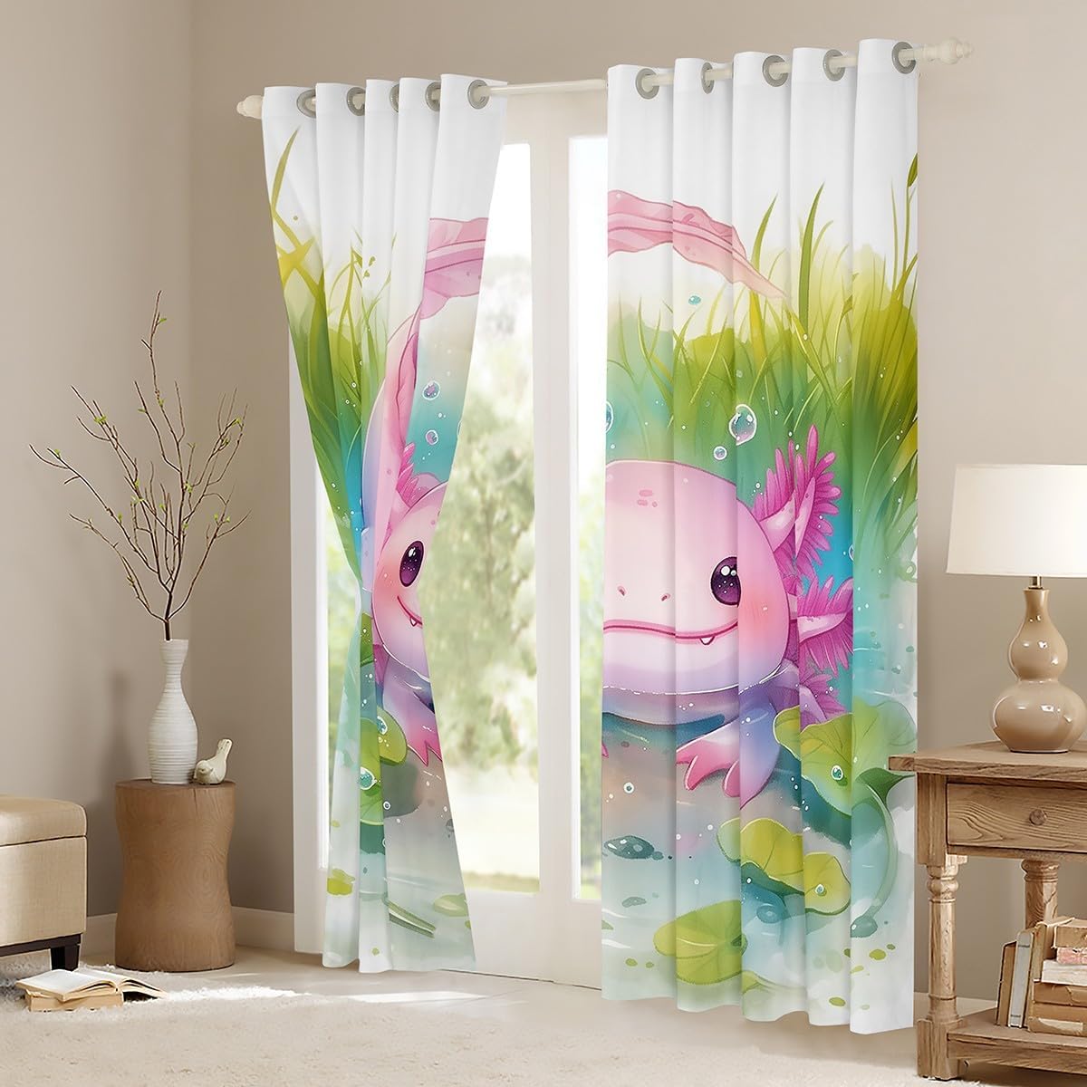 Erosebridal Cute Axolotl Blackout Curtains Pink Axolotl Window Curtains 2 Panels,42X90 Inch,Cartoon Ocean Sealife Window Treatments Drapes for Kids Girls Boys Green Marine Salamander Curtain