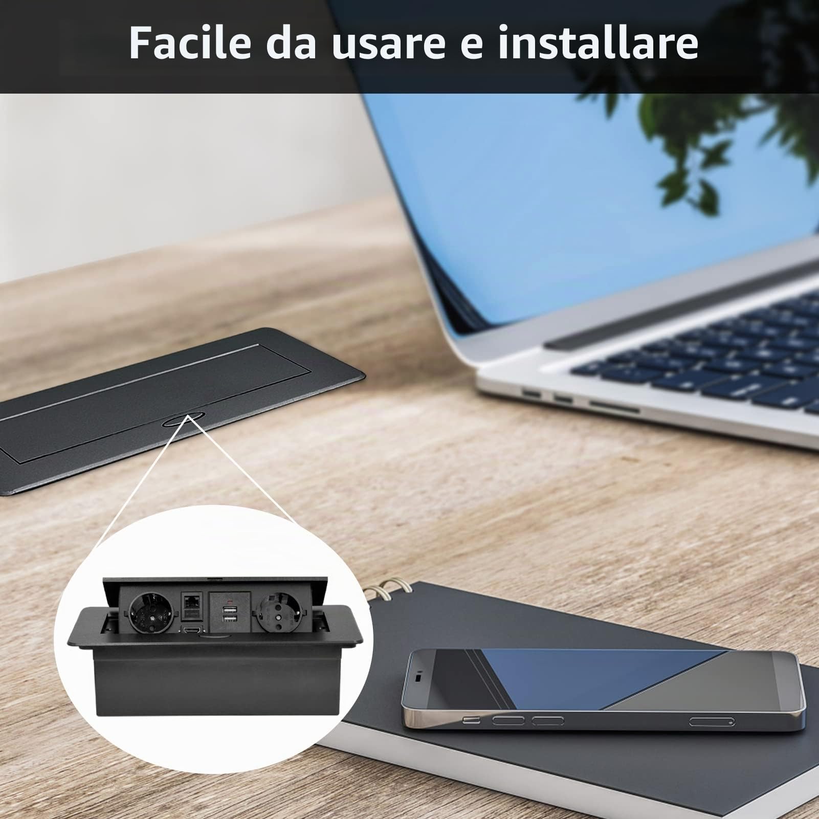 Presa a Scomparsa da Incasso,Multipresa a Scomparsa con 2 Standard Norma Europea,2 USB,Interfaccia di rete HDMI TD,Salvaspazio Per Ufficio e Piano Di Lavoro,Cavo 1,8M