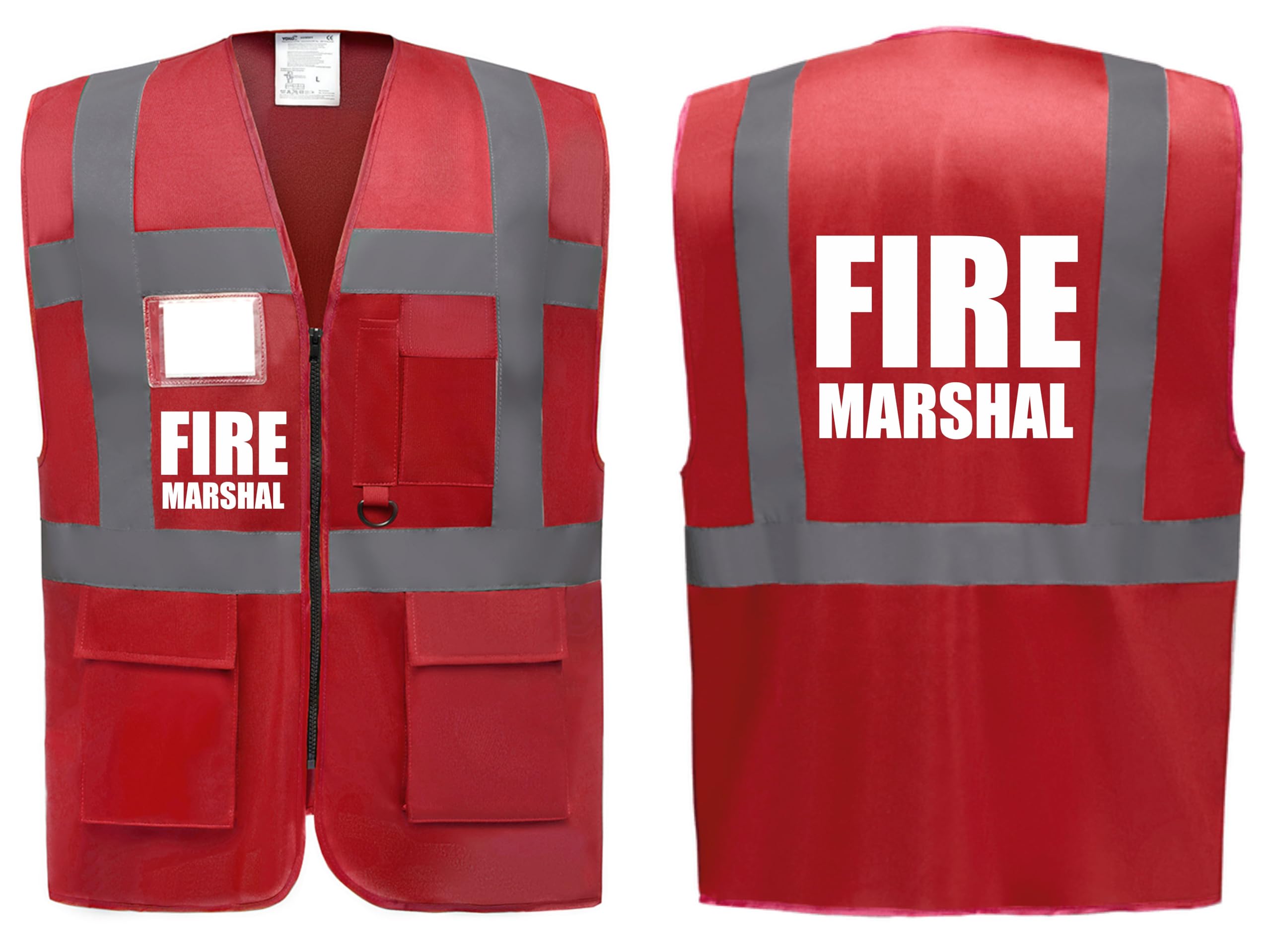 Brook Hi Vis UK Big Logo Fire Marshal Red Zipped Hi Vis Vest - High Visibility Safety Waistcoat Pockets Reflective Bands, Company Compliance and Event Staff, Alpha, XL, Regular, Regular, Red
