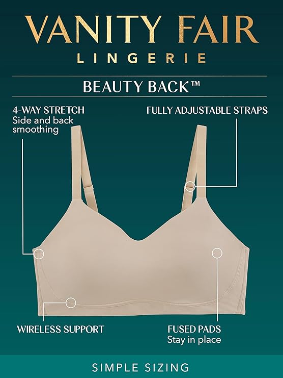 Vanity Fair Women's Beauty Back Smoothing Simple Sizing Wireless Bra, 4-Way Stretch Fabric, Sizes S-3XL