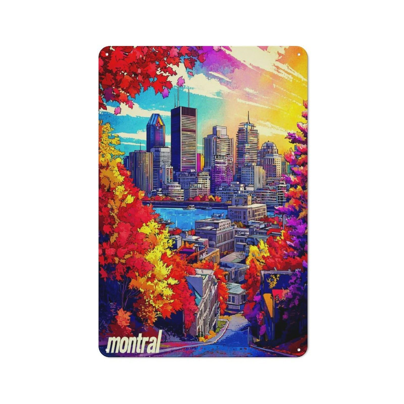 Junmoney Autumn Colors In Montréal Skyline -1 Industrial Tin Sign 30X20cm, Garage Wall Decor For Garage, Hobby Room, Office Or Man Cave