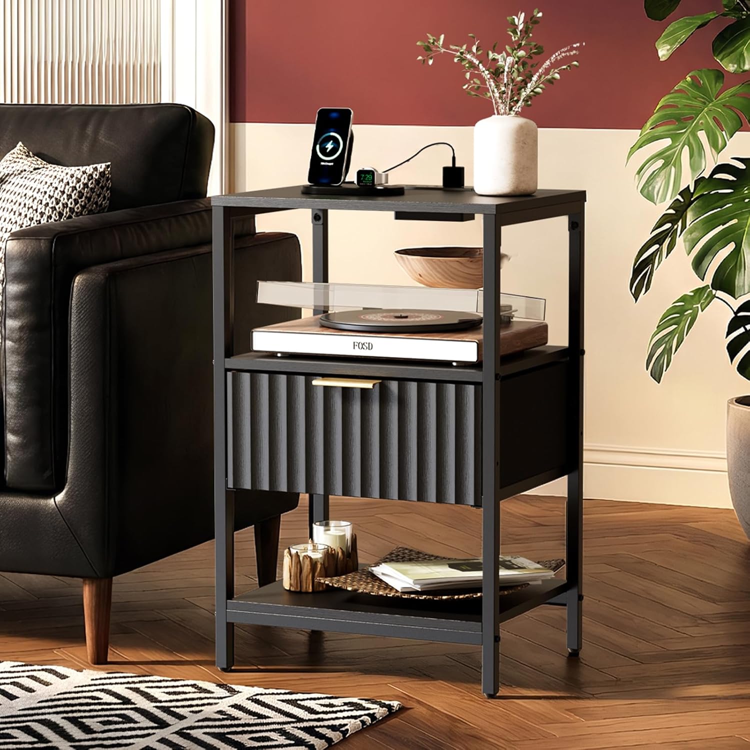 Bonnlo Fluted Nightstand with Charging Station, End Table with Fabric Drawer, Night Stand with Storage Shelf & Handle, Fluted Side Table for Bedroom/Living Room, Black