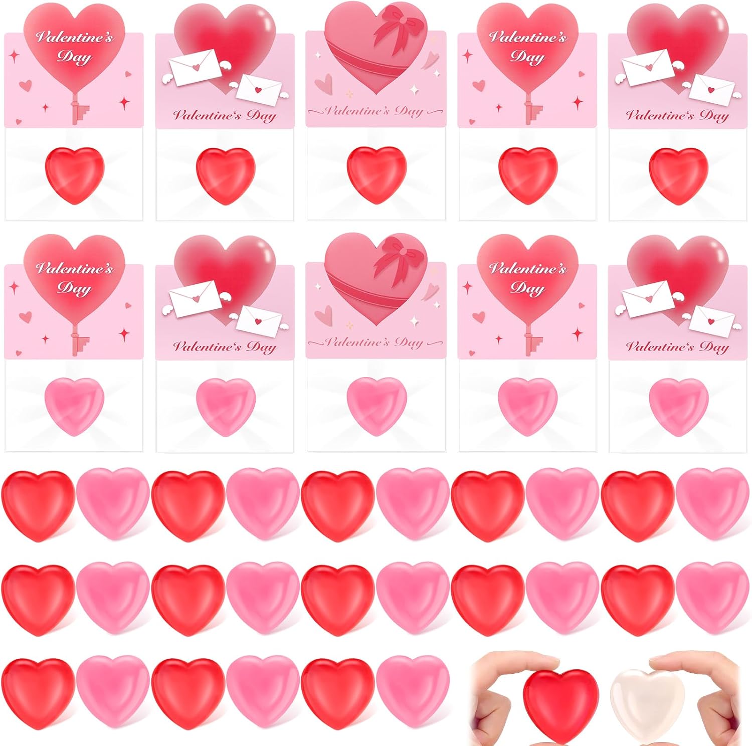 48 Pack Valentines Cards with Squeeze Heart Stress Ball Color Changing Fidget Sensory Squeeze Pink Greeting Cards Self-adhesive Bags Valentine's Gift Exchange Party Favors