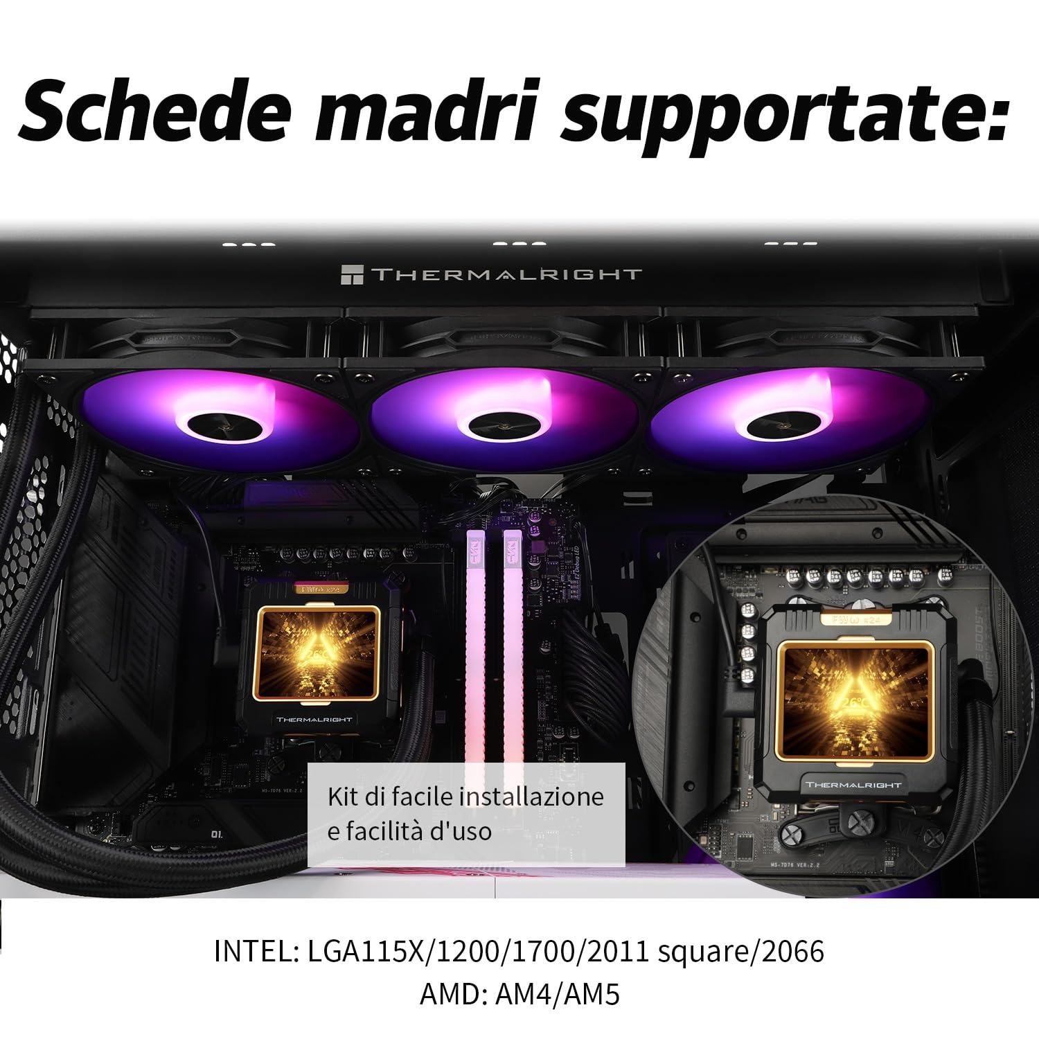 TR FW 360 Nero ARGB-360 mm AIO CPU Liquid Cooler, Display LCD IPS con risoluzione 320 x 240, per AM5/Intel LGA1700, '2,4 pollici'Display LCD assorbente il magnete per le immagini - Nero